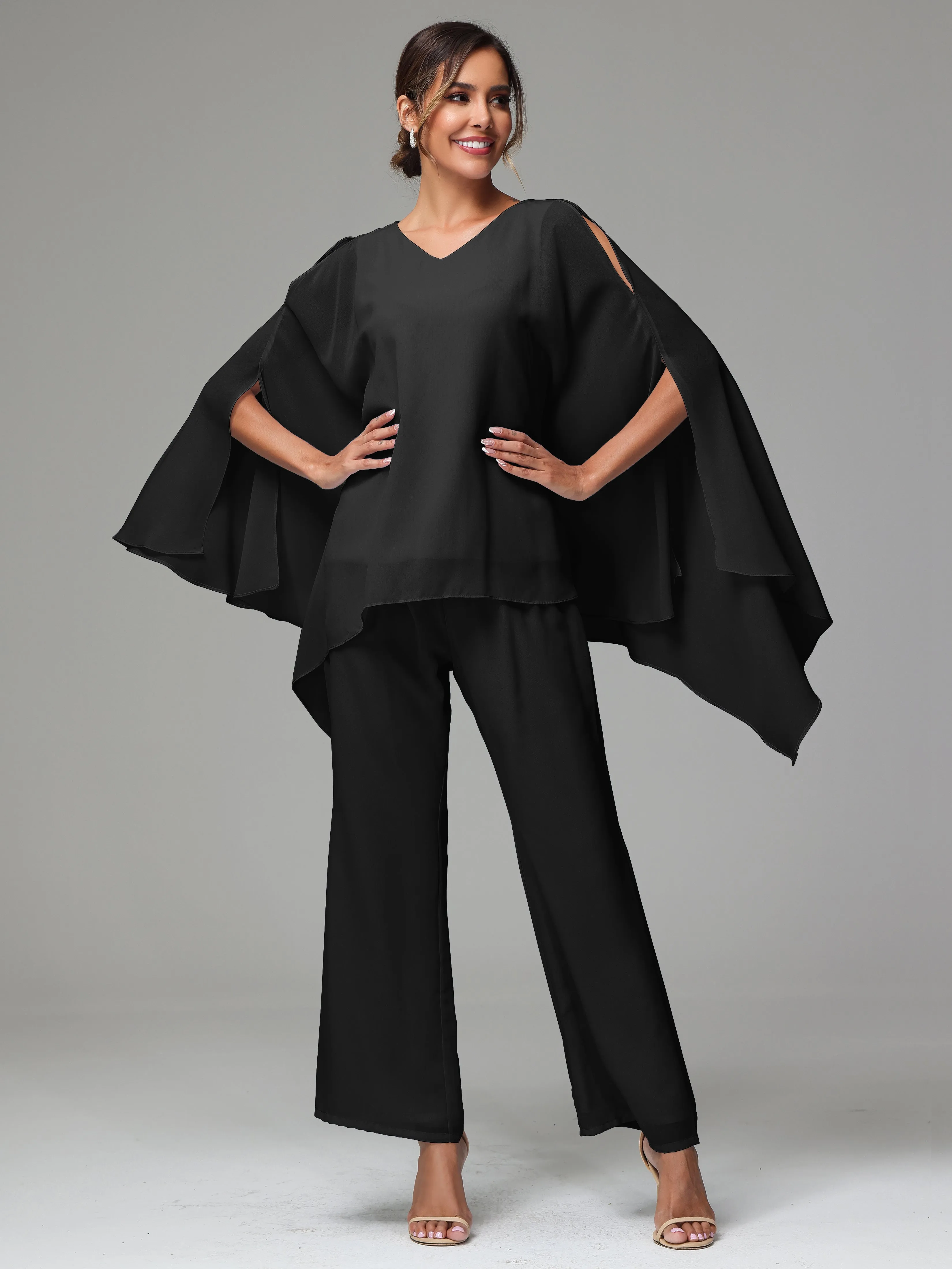 2 Pieces Flowy Split Sleeves Chiffon Mother Of The Bride Dress Pants Suits