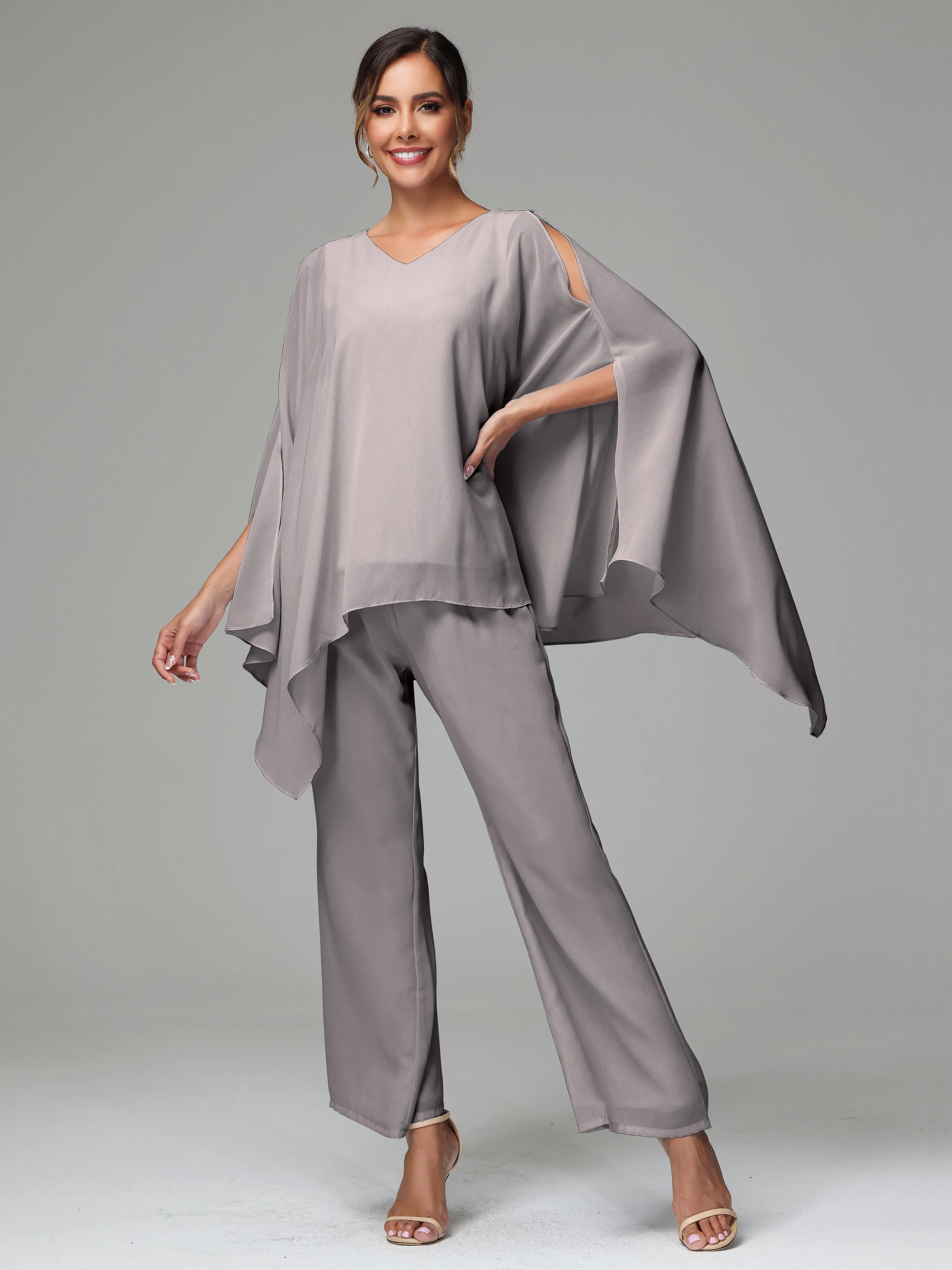 2 Pieces Flowy Split Sleeves Chiffon Mother Of The Bride Dress Pants Suits