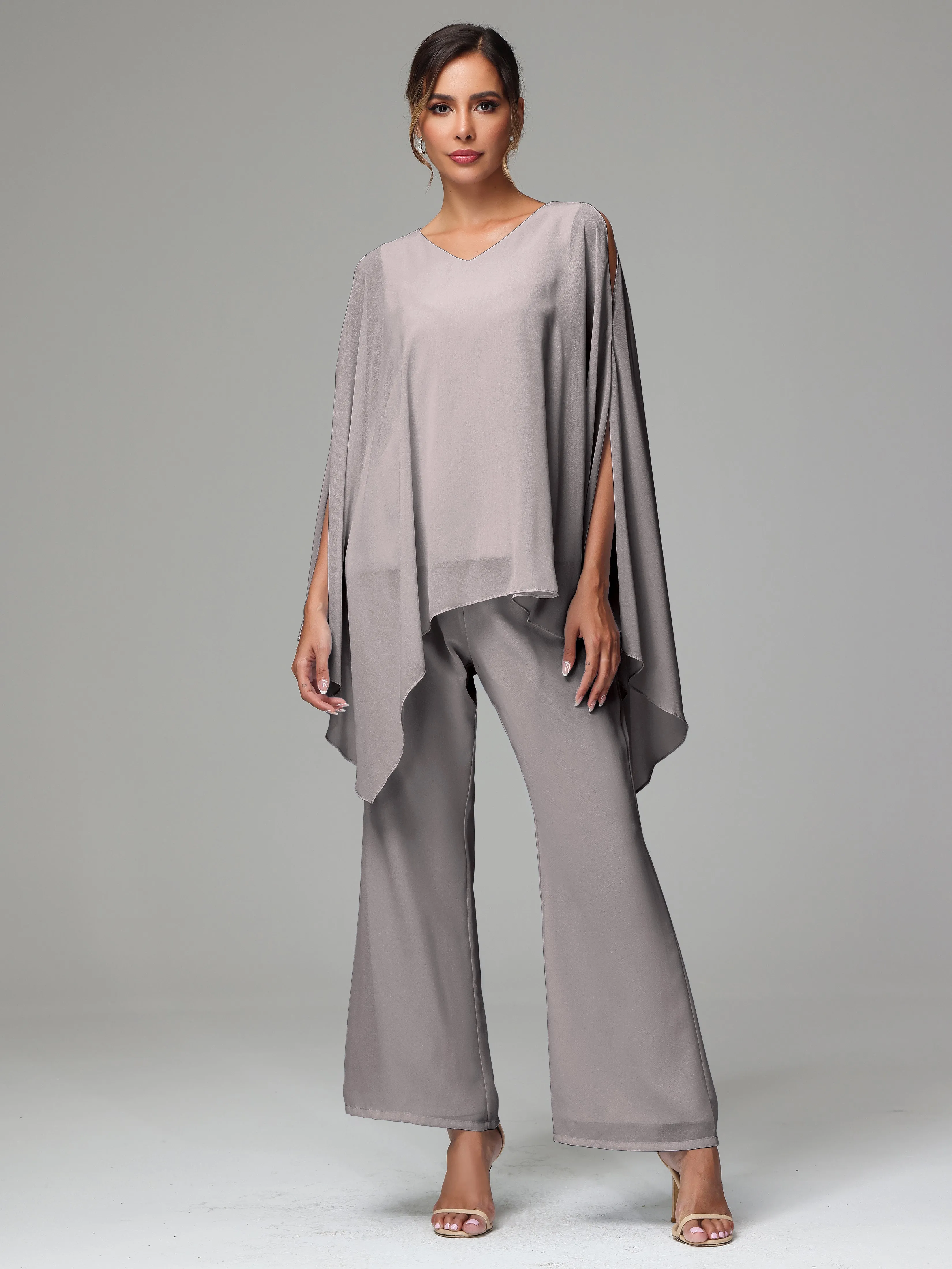 2 Pieces Flowy Split Sleeves Chiffon Mother Of The Bride Dress Pants Suits