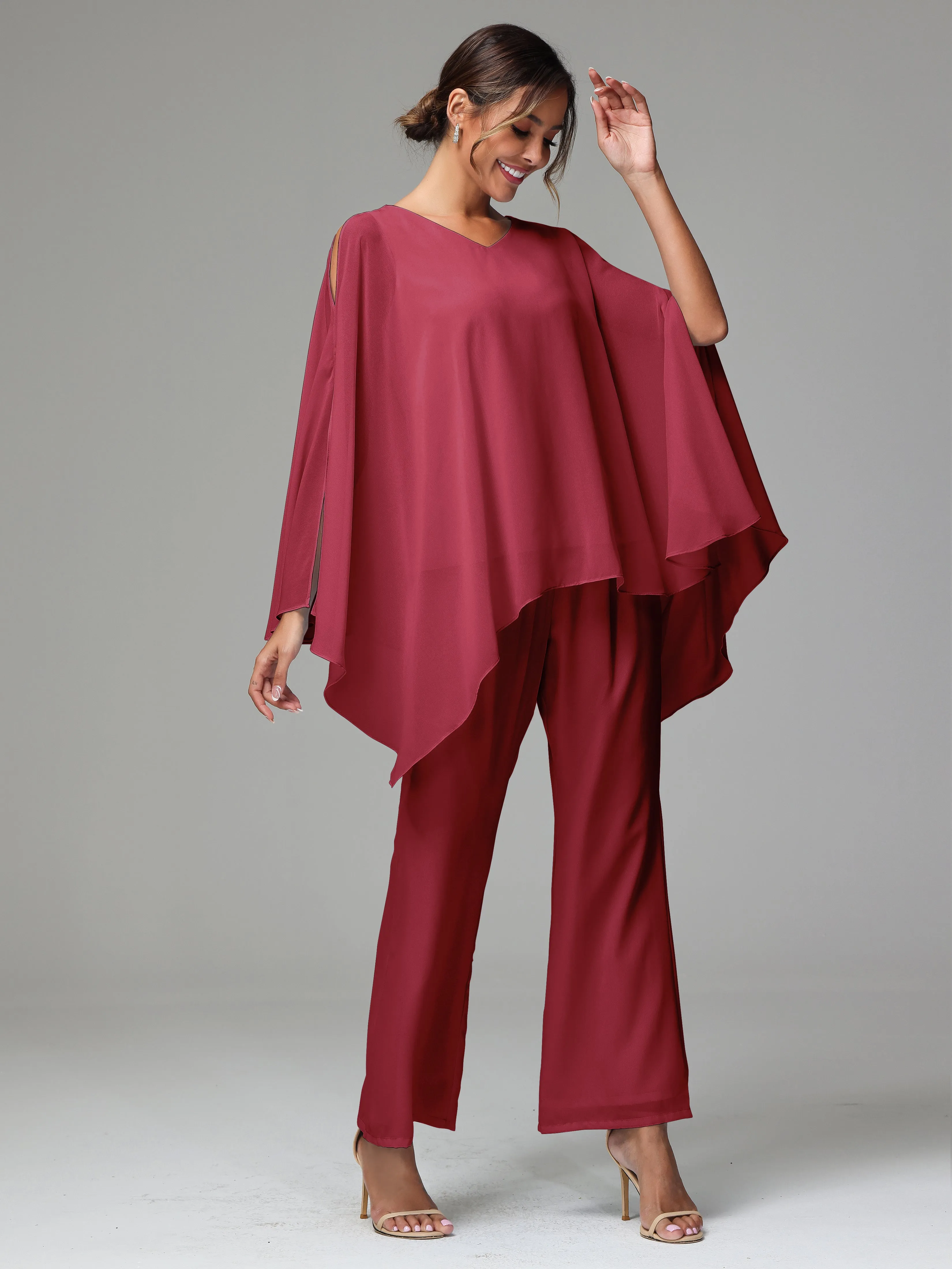 2 Pieces Flowy Split Sleeves Chiffon Mother Of The Bride Dress Pants Suits