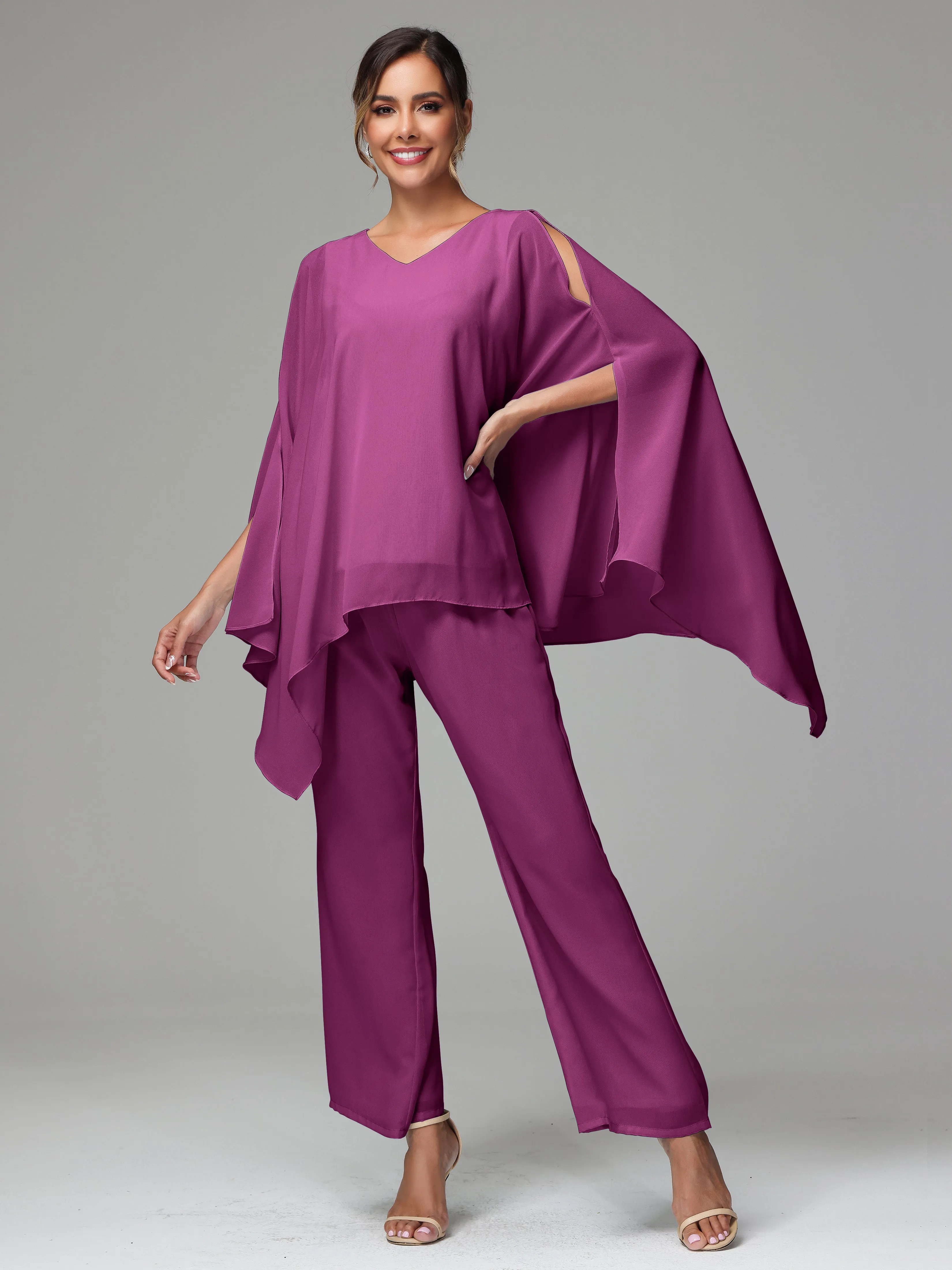 2 Pieces Flowy Split Sleeves Chiffon Mother Of The Bride Dress Pants Suits