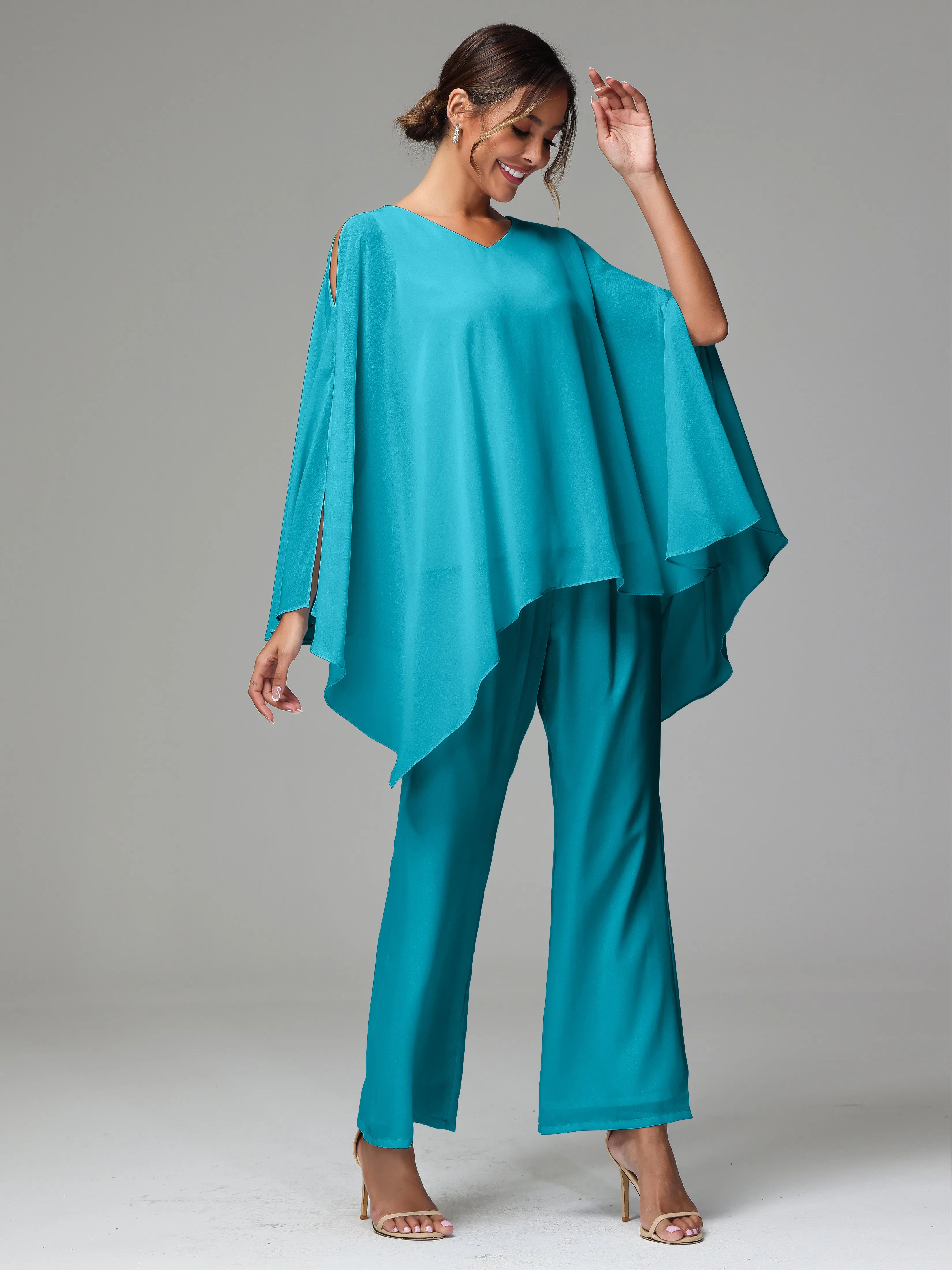 2 Pieces Flowy Split Sleeves Chiffon Mother Of The Bride Dress Pants Suits