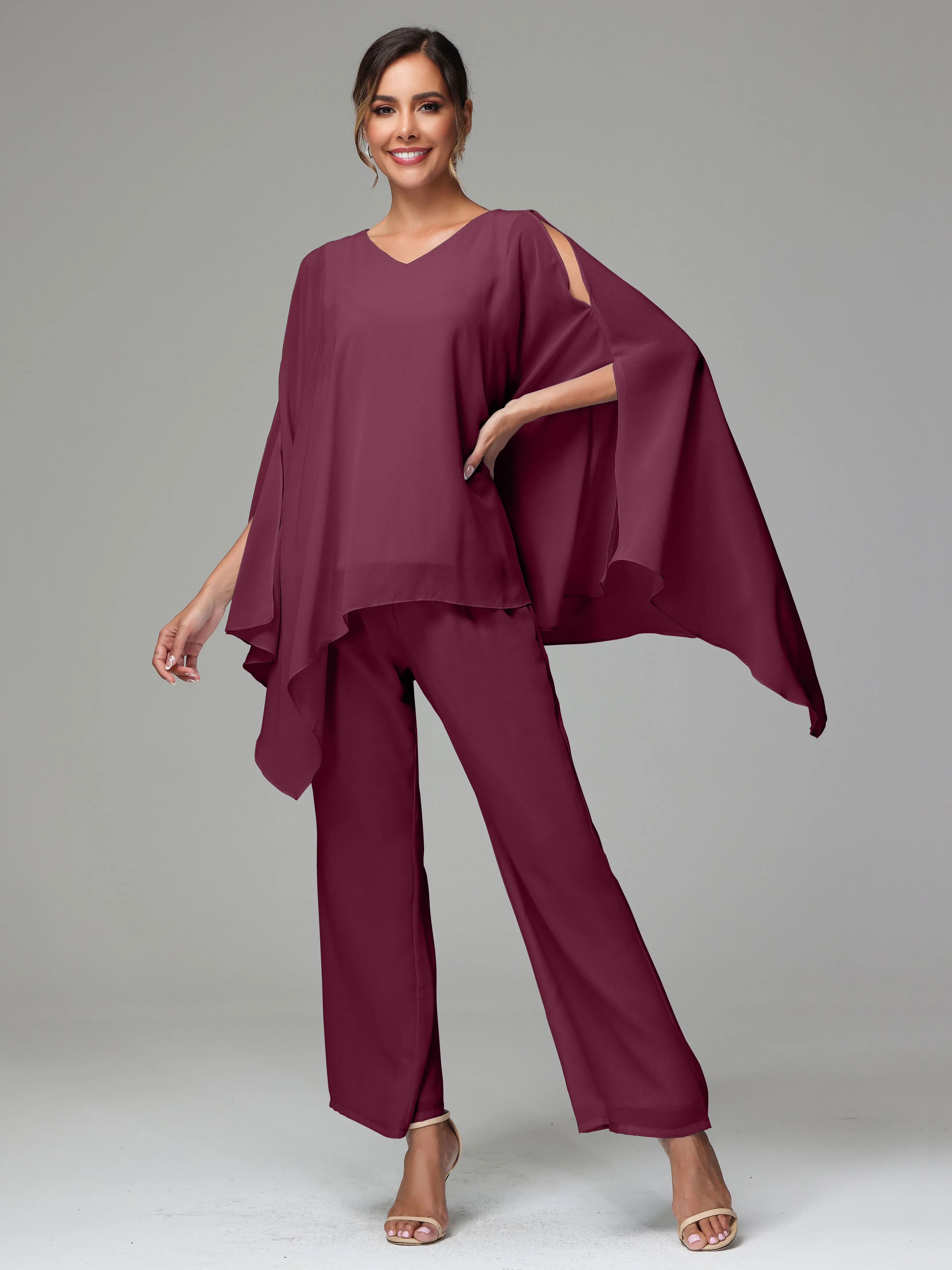 2 Pieces Flowy Split Sleeves Chiffon Mother Of The Bride Dress Pants Suits