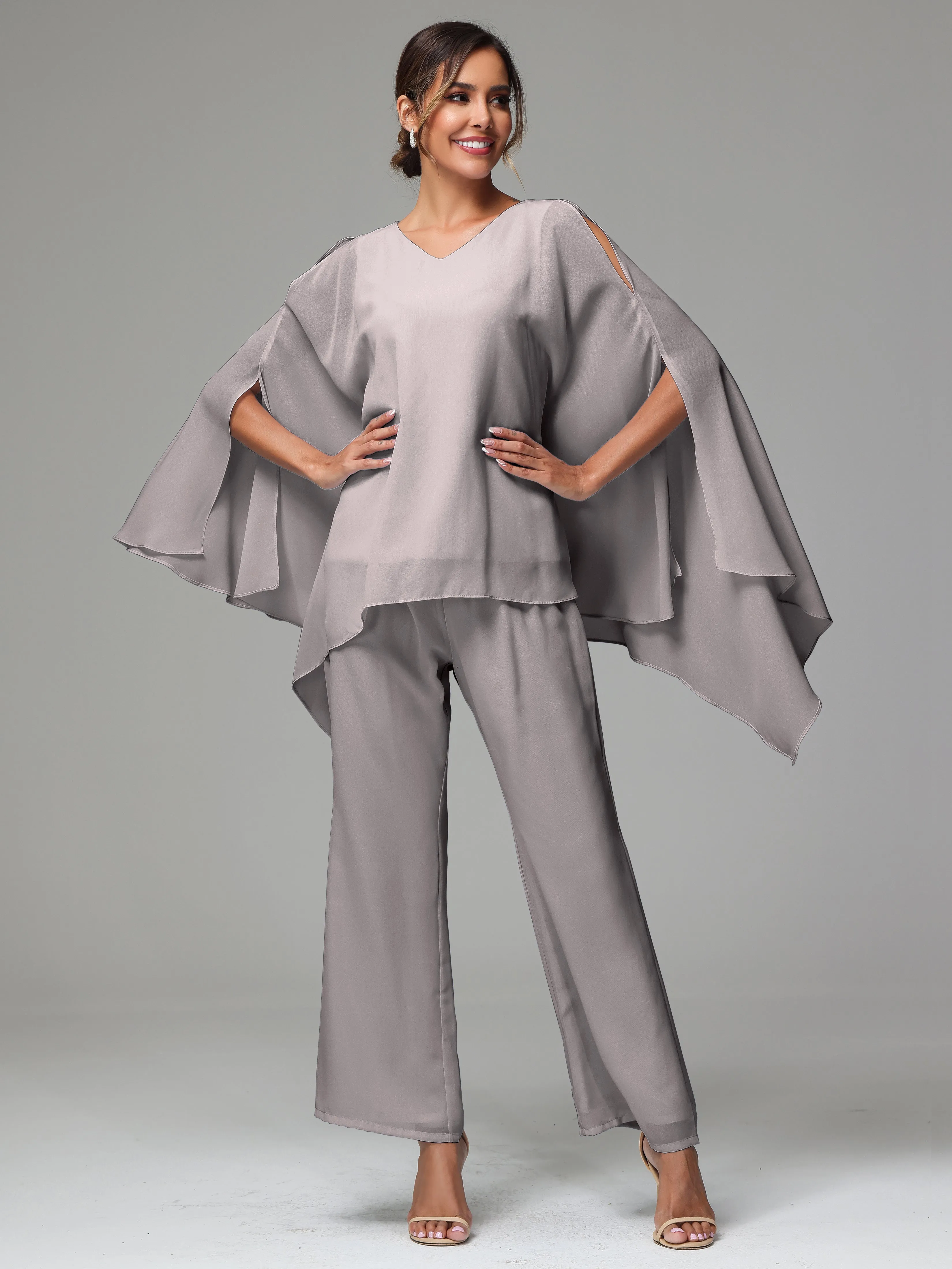 2 Pieces Flowy Split Sleeves Chiffon Mother Of The Bride Dress Pants Suits