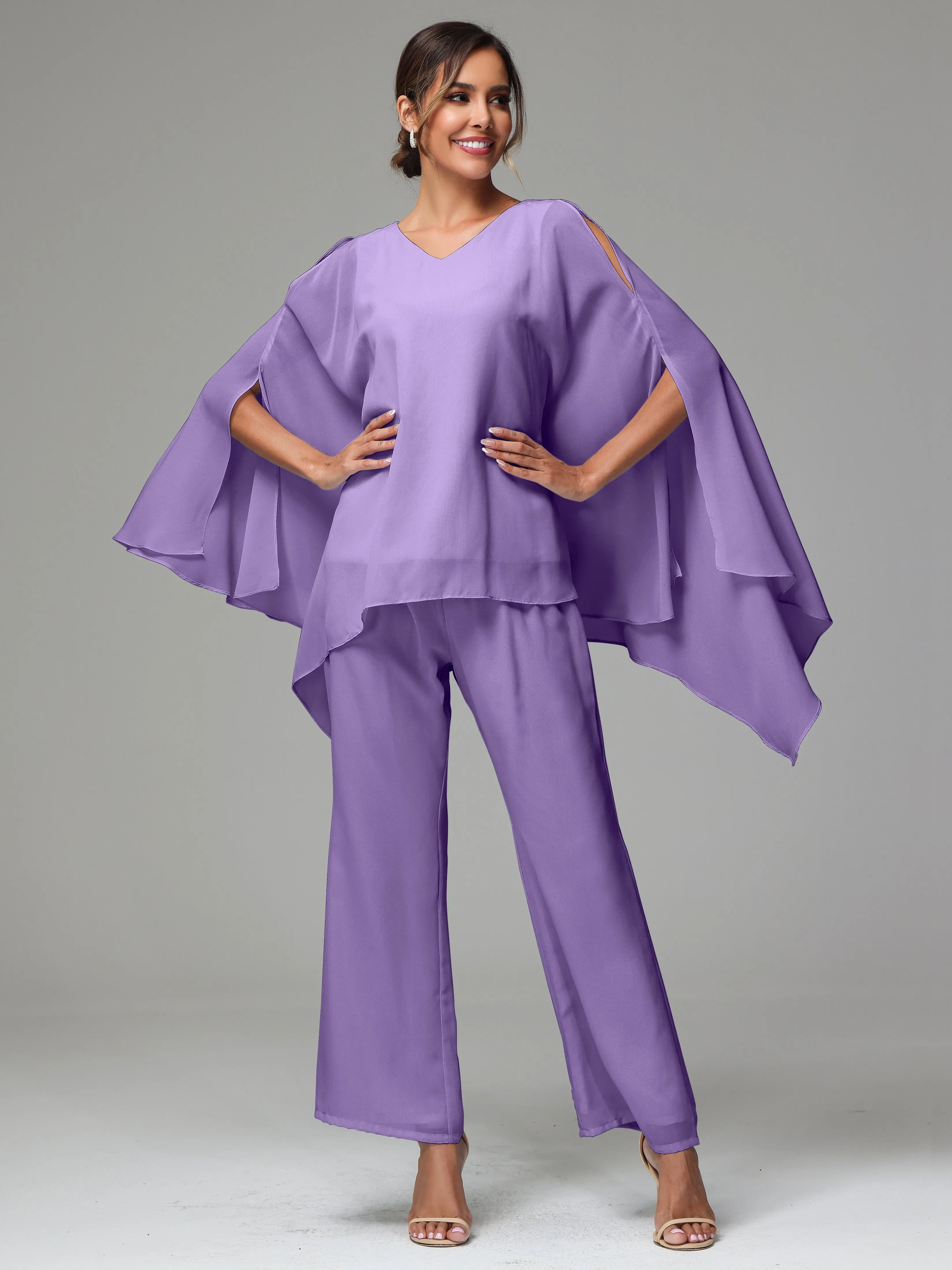 2 Pieces Flowy Split Sleeves Chiffon Mother Of The Bride Dress Pants Suits