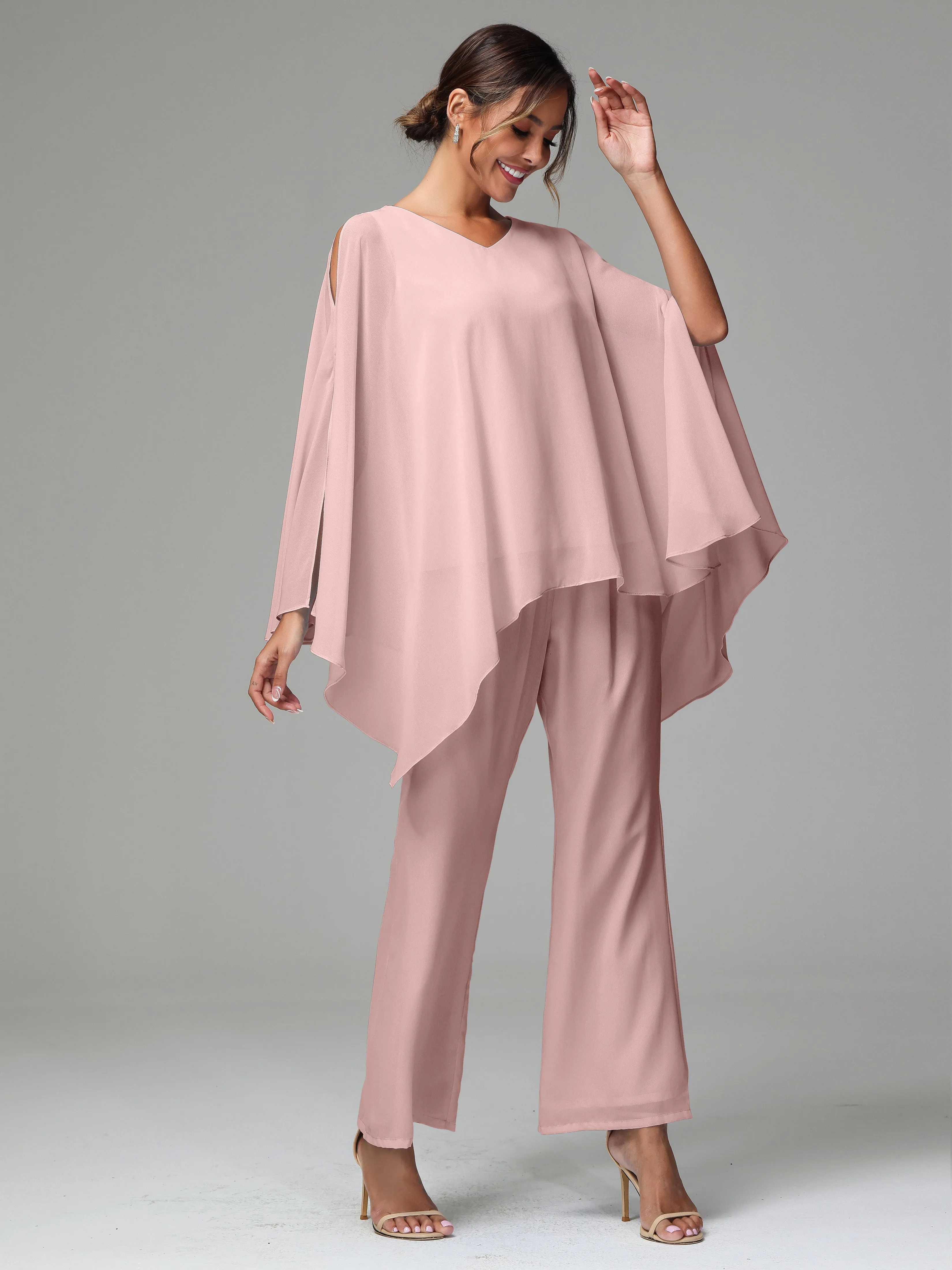 2 Pieces Flowy Split Sleeves Chiffon Mother Of The Bride Dress Pants Suits