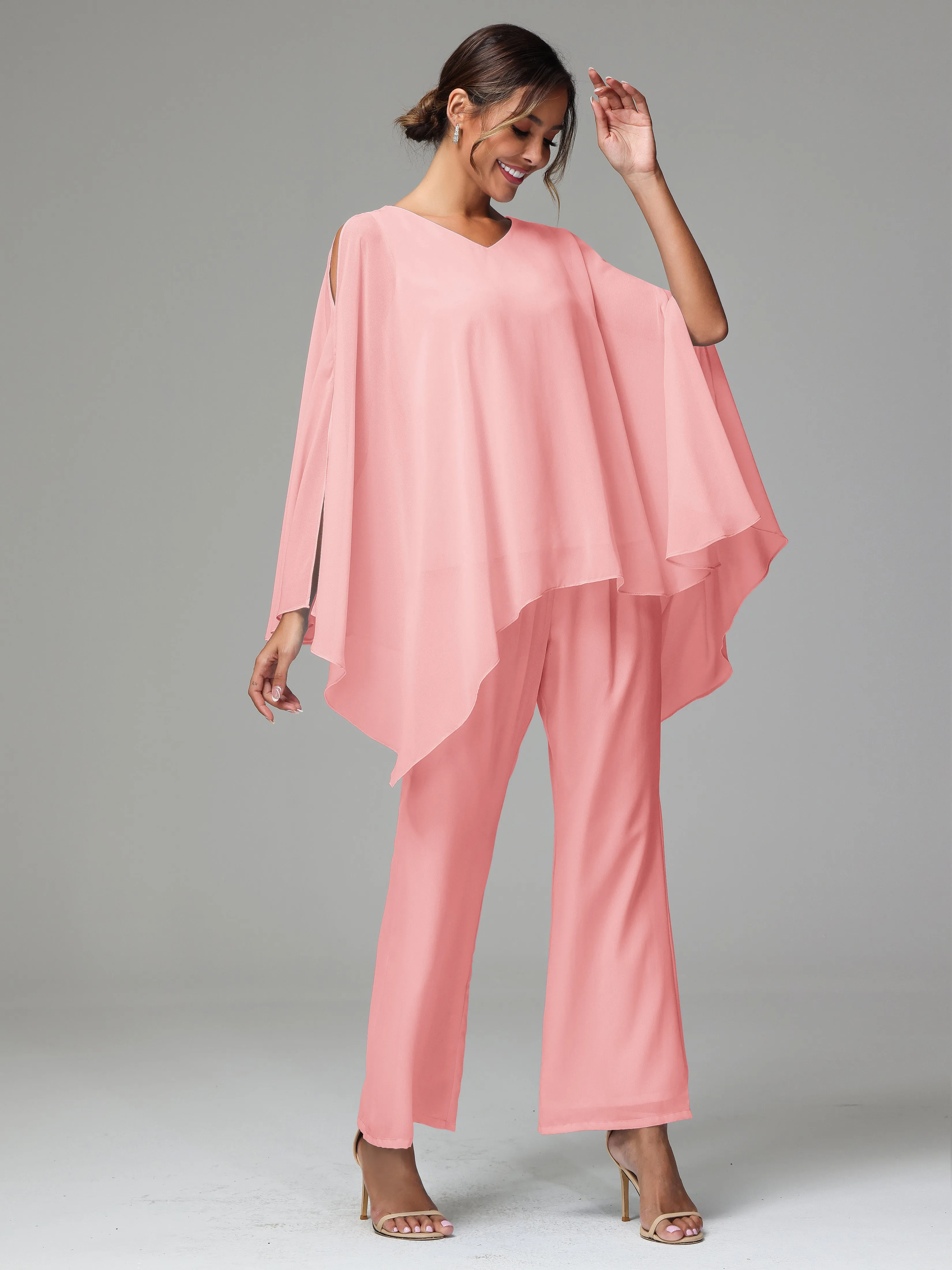 2 Pieces Flowy Split Sleeves Chiffon Mother Of The Bride Dress Pants Suits