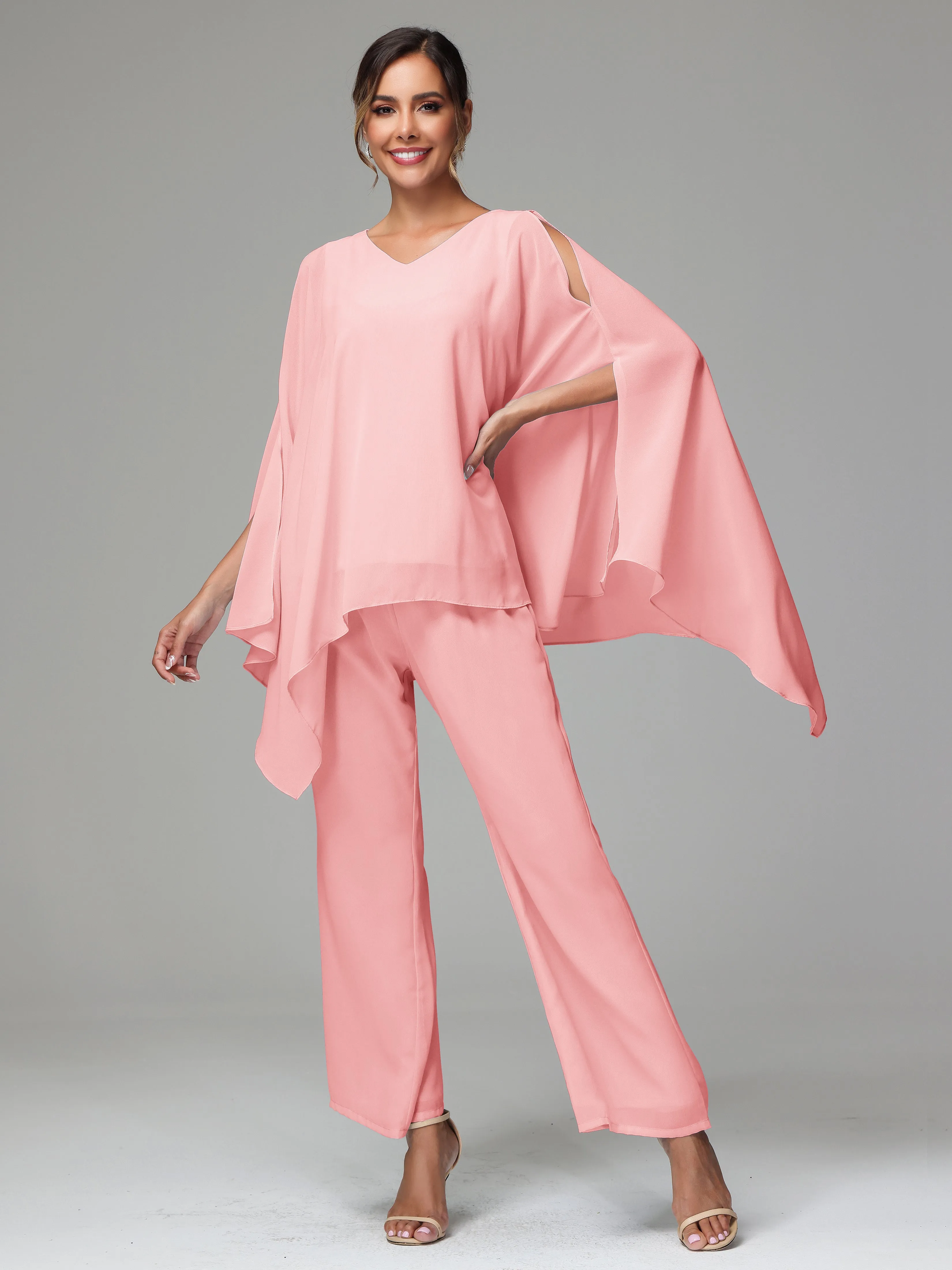 2 Pieces Flowy Split Sleeves Chiffon Mother Of The Bride Dress Pants Suits