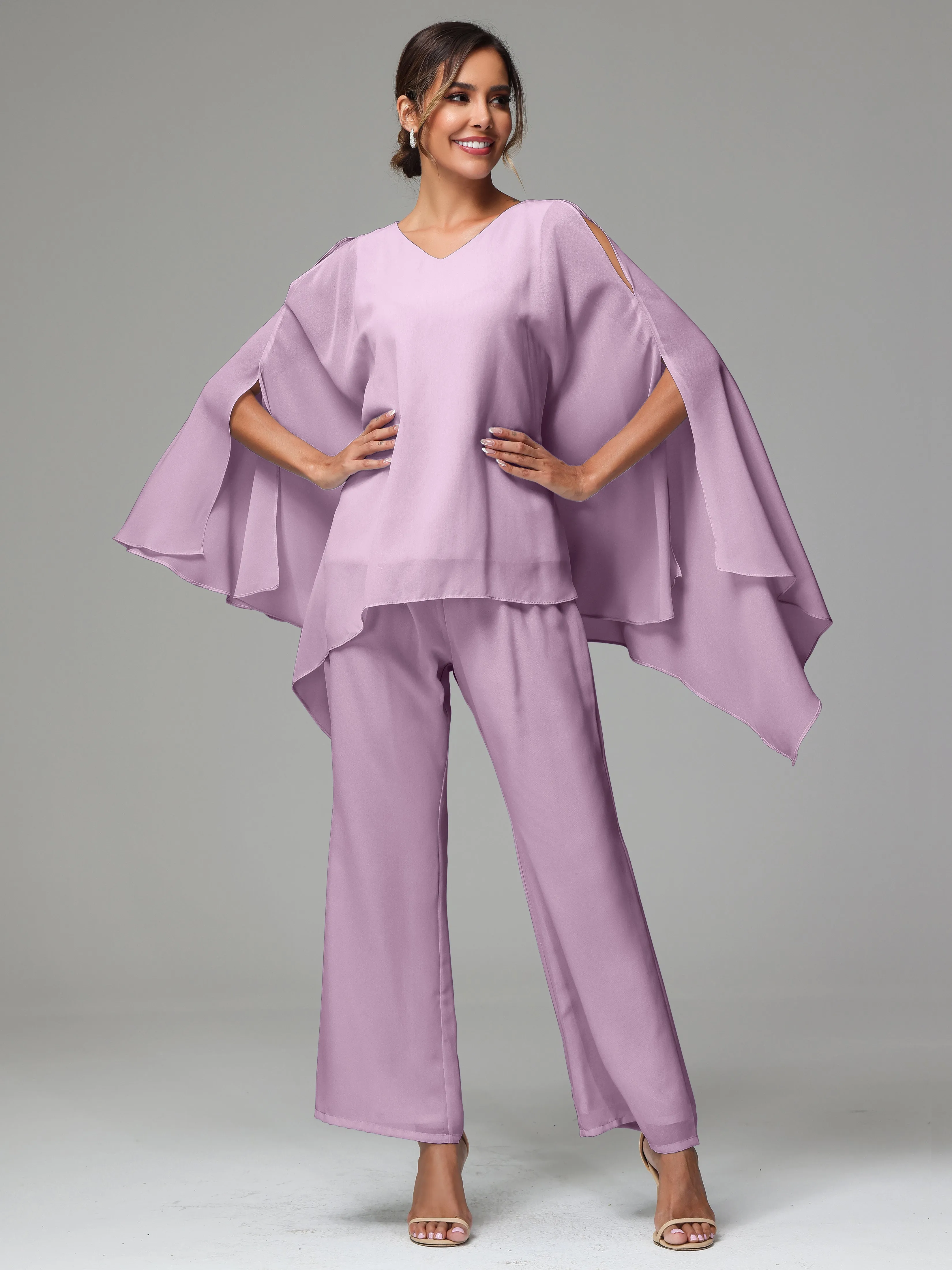 2 Pieces Flowy Split Sleeves Chiffon Mother Of The Bride Dress Pants Suits