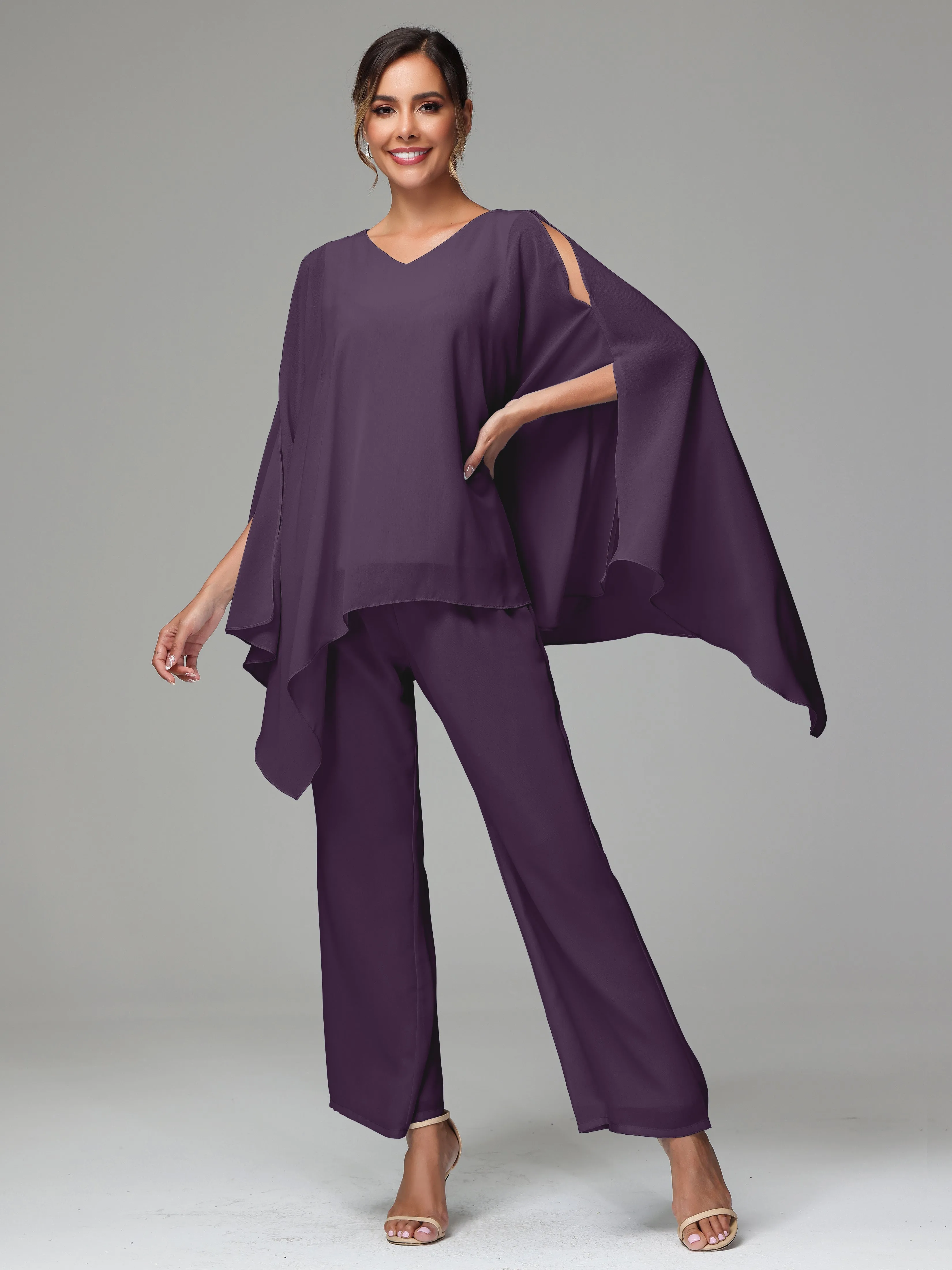 2 Pieces Flowy Split Sleeves Chiffon Mother Of The Bride Dress Pants Suits