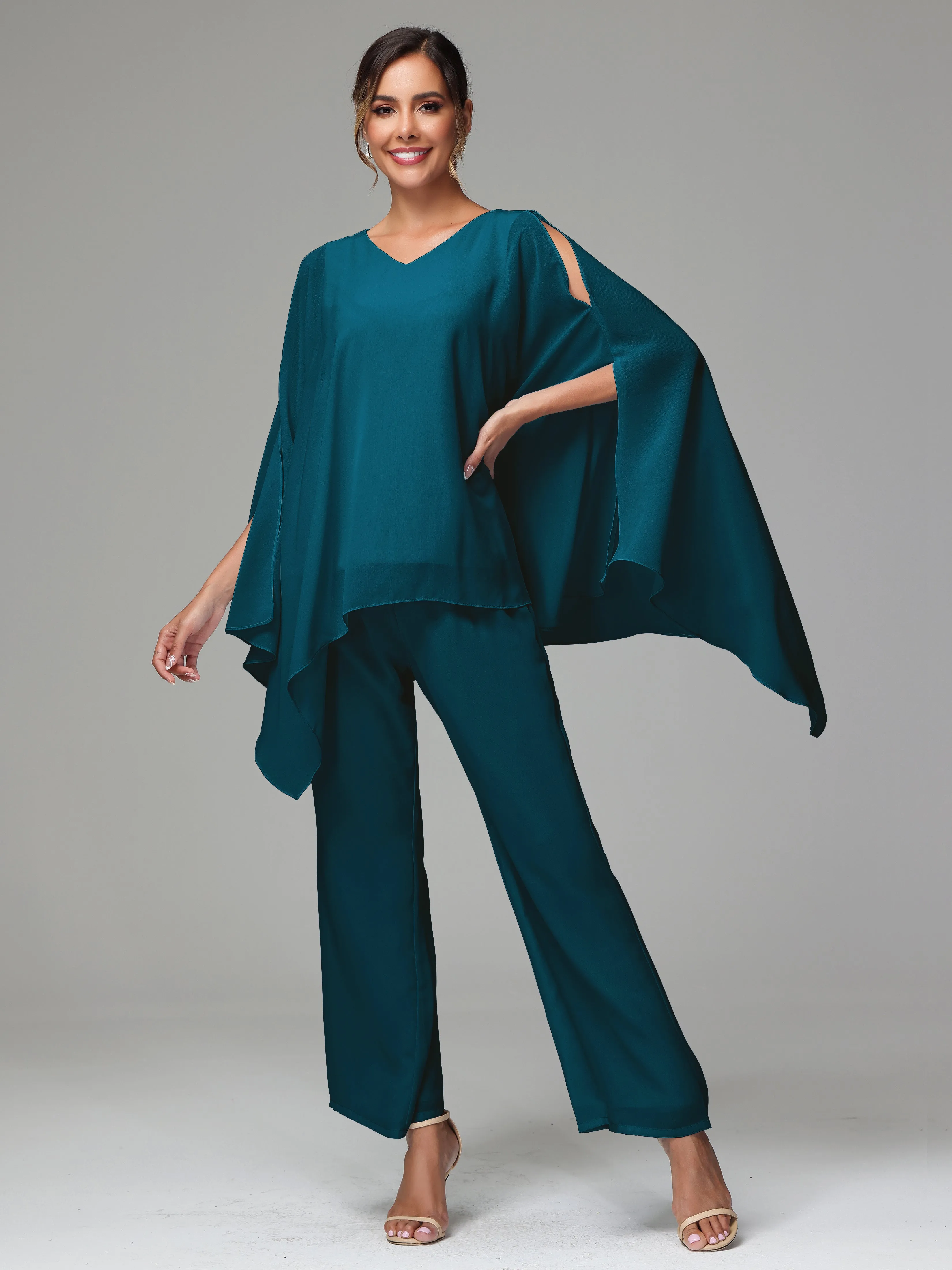 2 Pieces Flowy Split Sleeves Chiffon Mother Of The Bride Dress Pants Suits