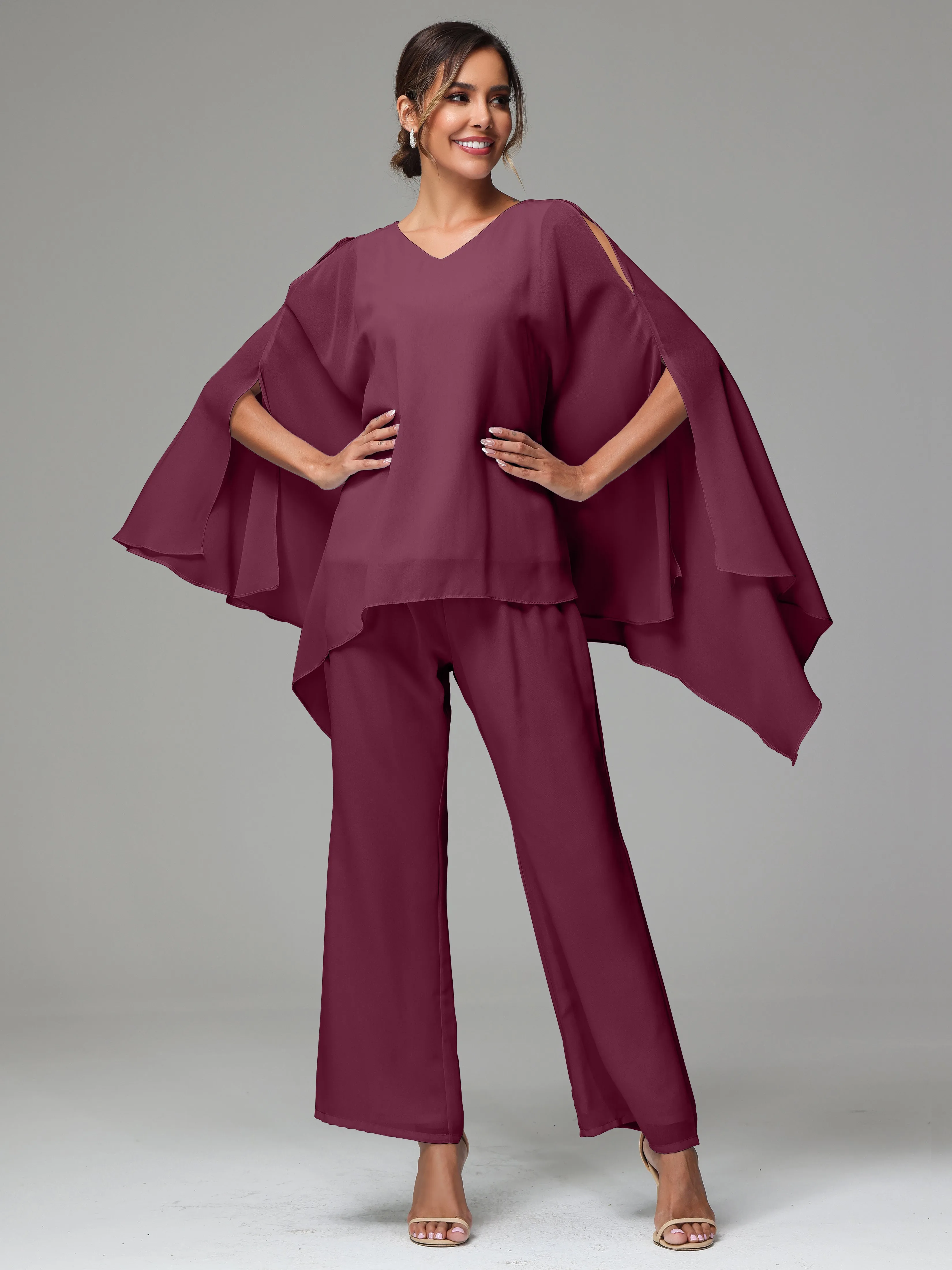 2 Pieces Flowy Split Sleeves Chiffon Mother Of The Bride Dress Pants Suits