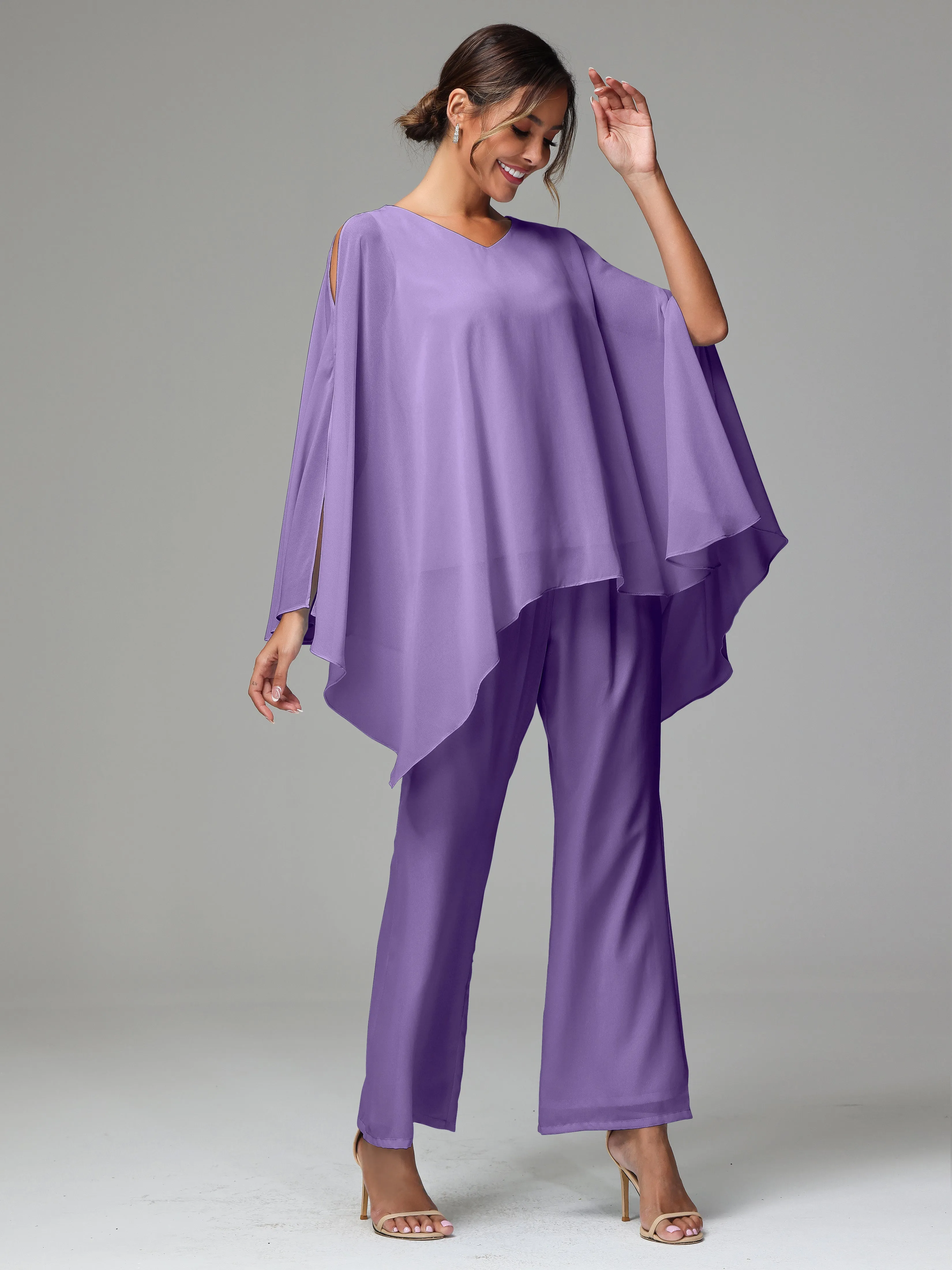 2 Pieces Flowy Split Sleeves Chiffon Mother Of The Bride Dress Pants Suits