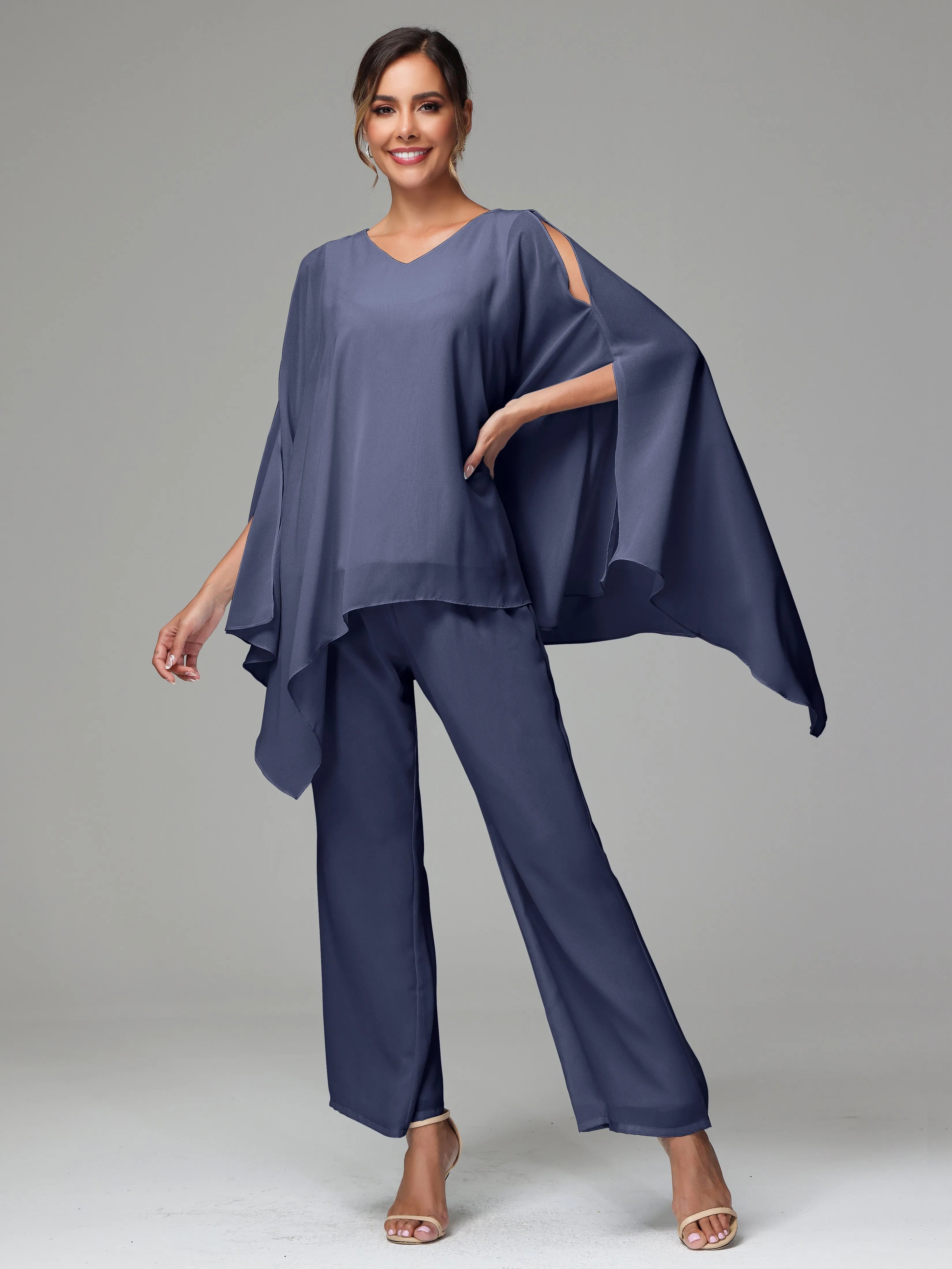 2 Pieces Flowy Split Sleeves Chiffon Mother Of The Bride Dress Pants Suits
