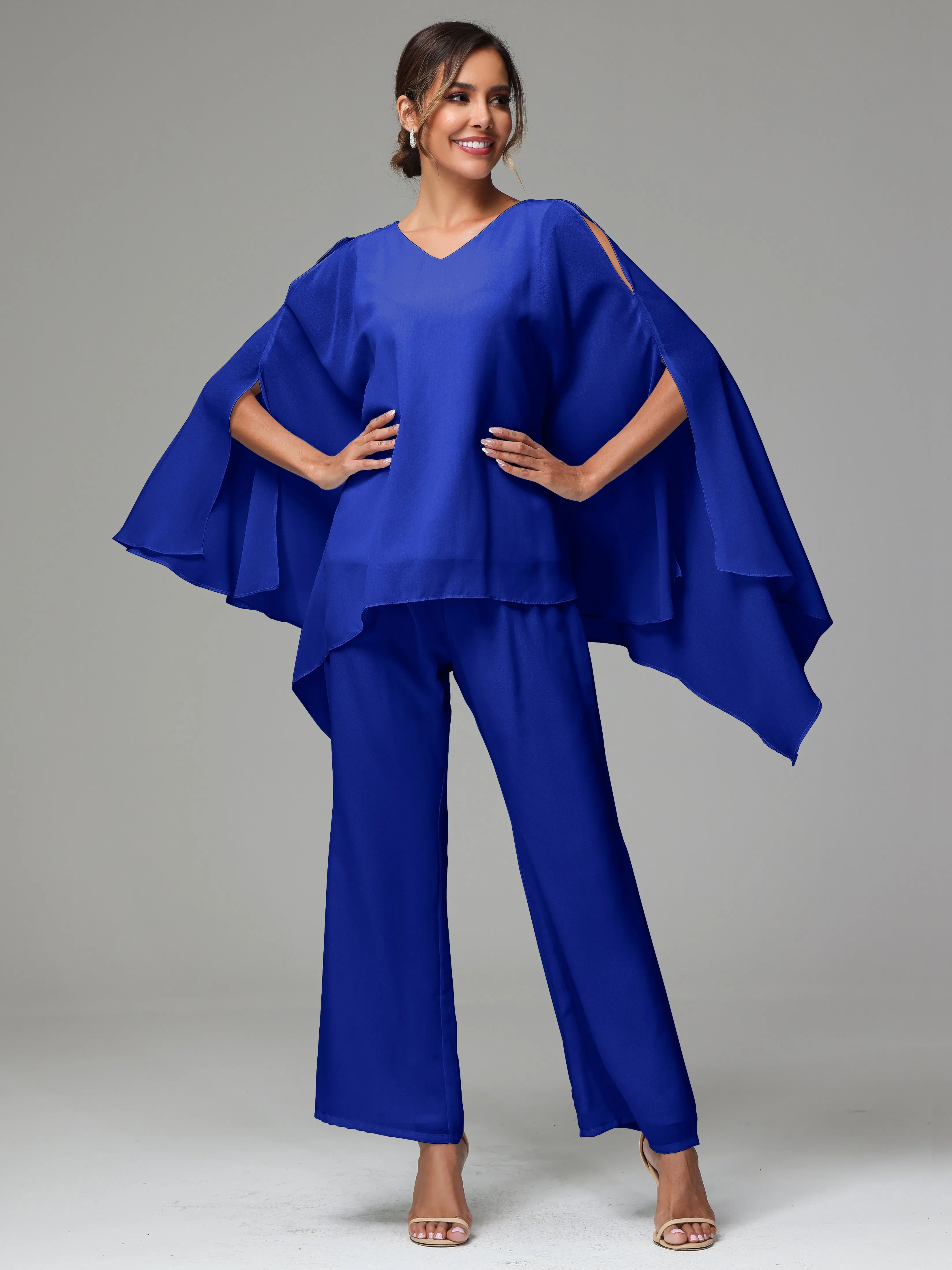 2 Pieces Flowy Split Sleeves Chiffon Mother Of The Bride Dress Pants Suits