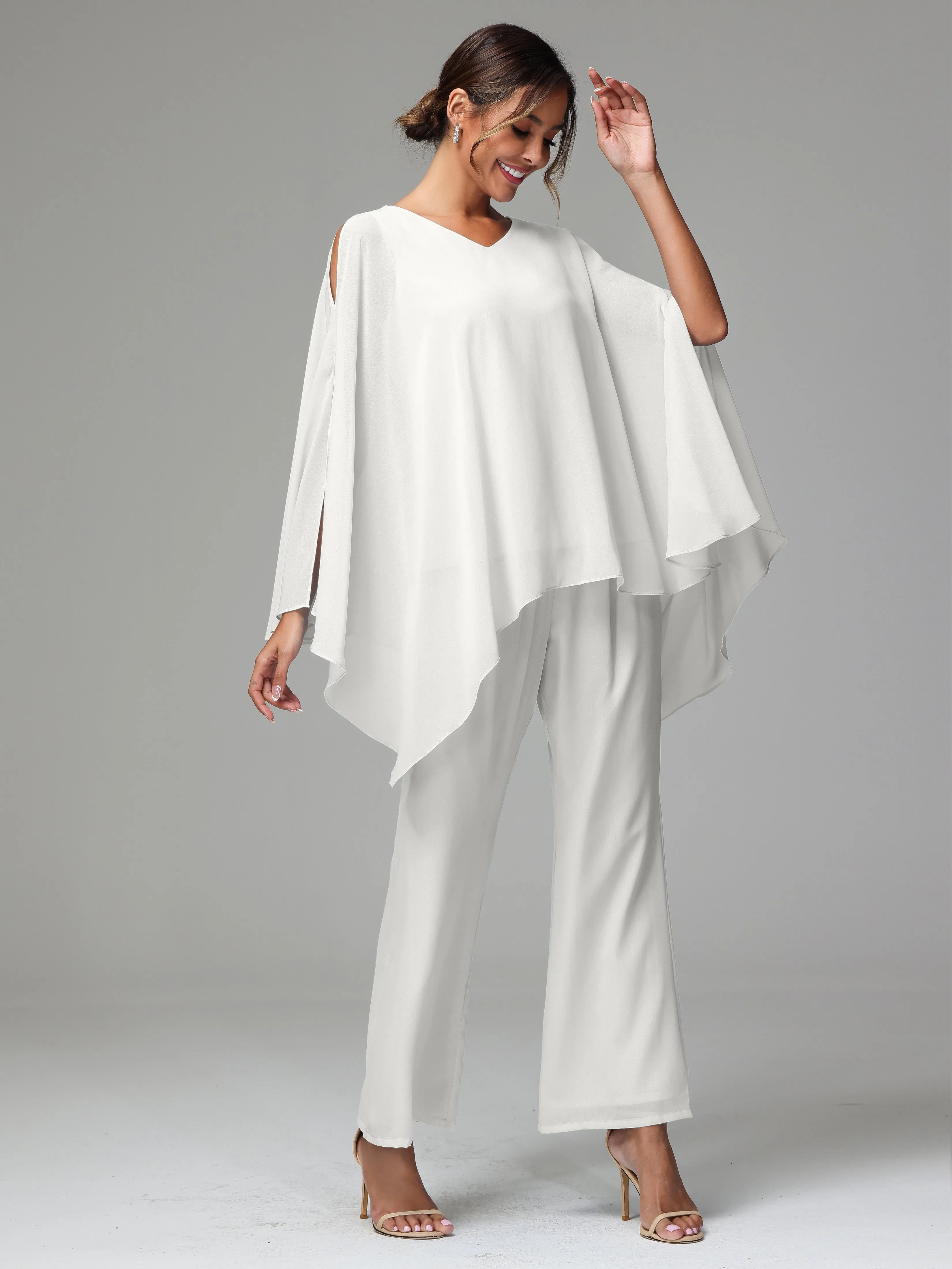 2 Pieces Flowy Split Sleeves Chiffon Mother Of The Bride Dress Pants Suits