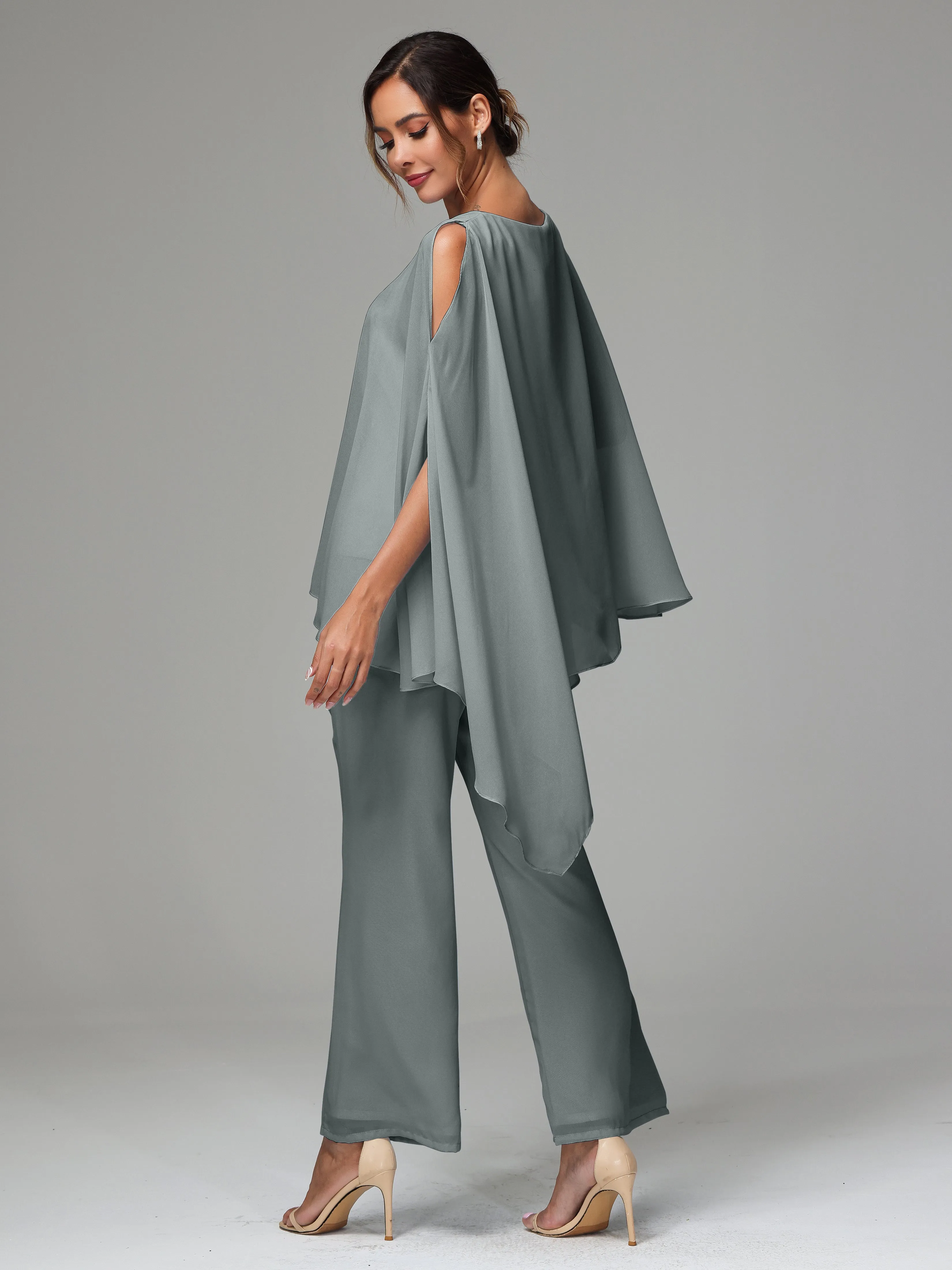 2 Pieces Flowy Split Sleeves Chiffon Mother Of The Bride Dress Pants Suits