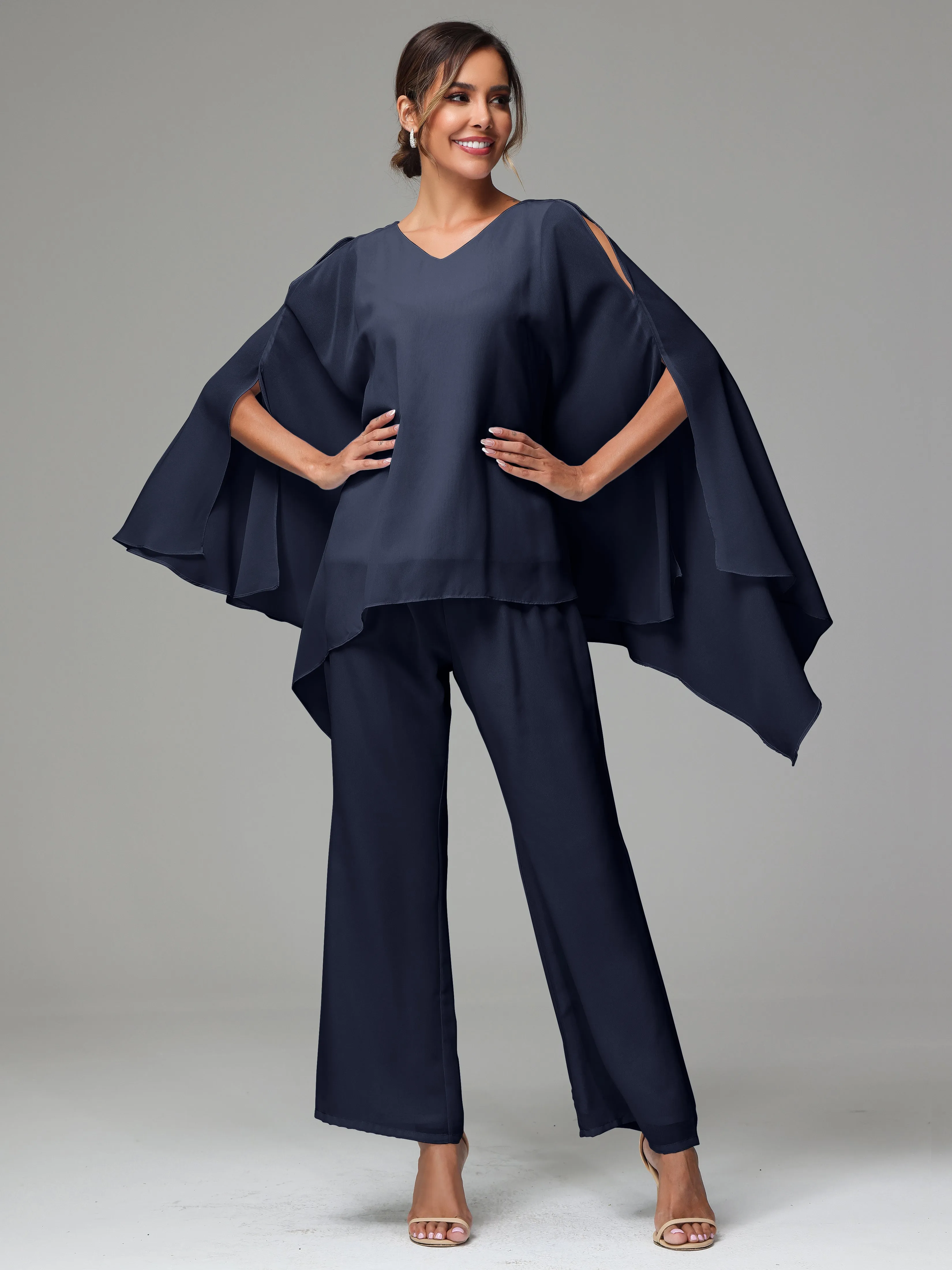 2 Pieces Flowy Split Sleeves Chiffon Mother Of The Bride Dress Pants Suits