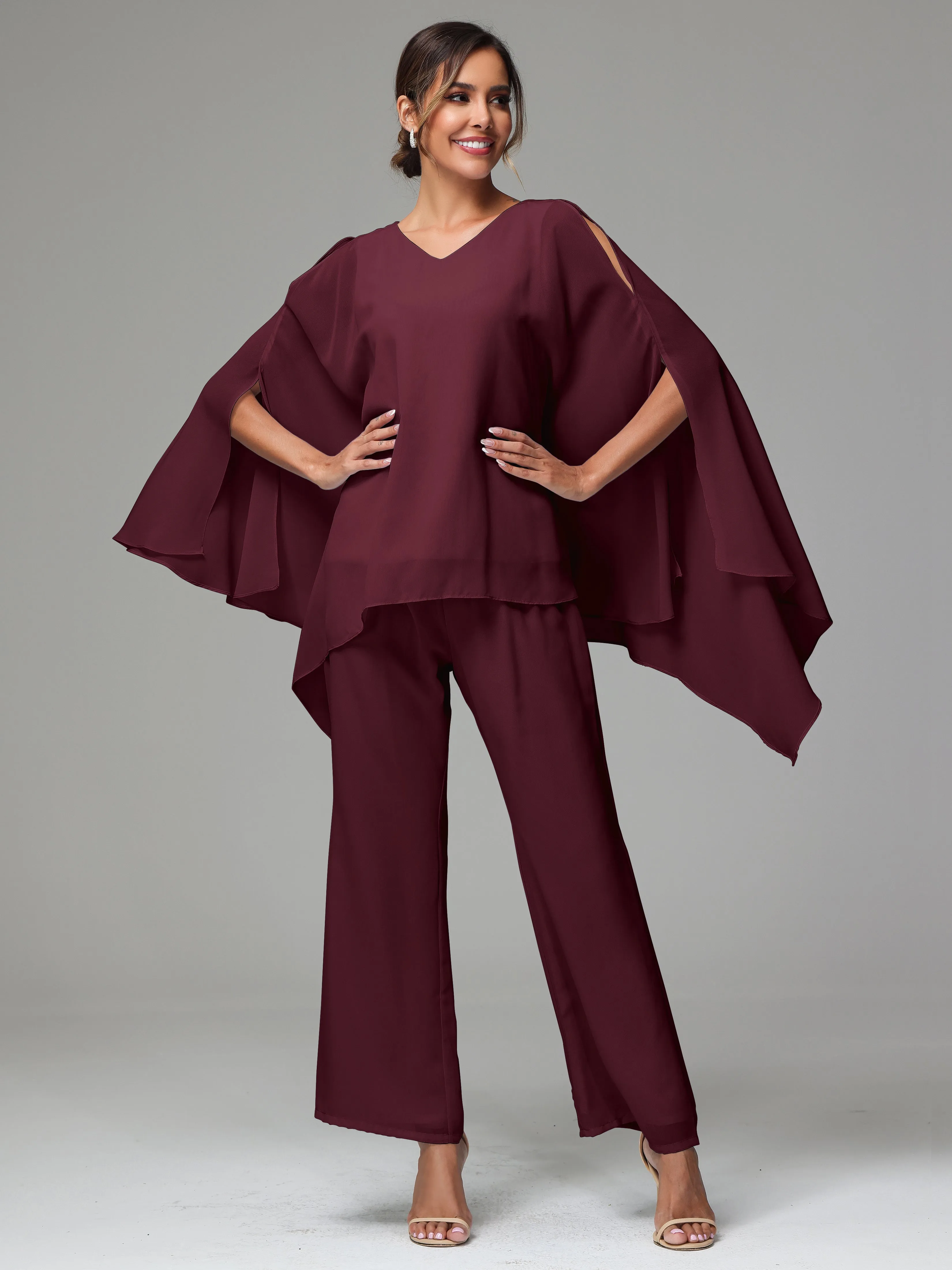 2 Pieces Flowy Split Sleeves Chiffon Mother Of The Bride Dress Pants Suits