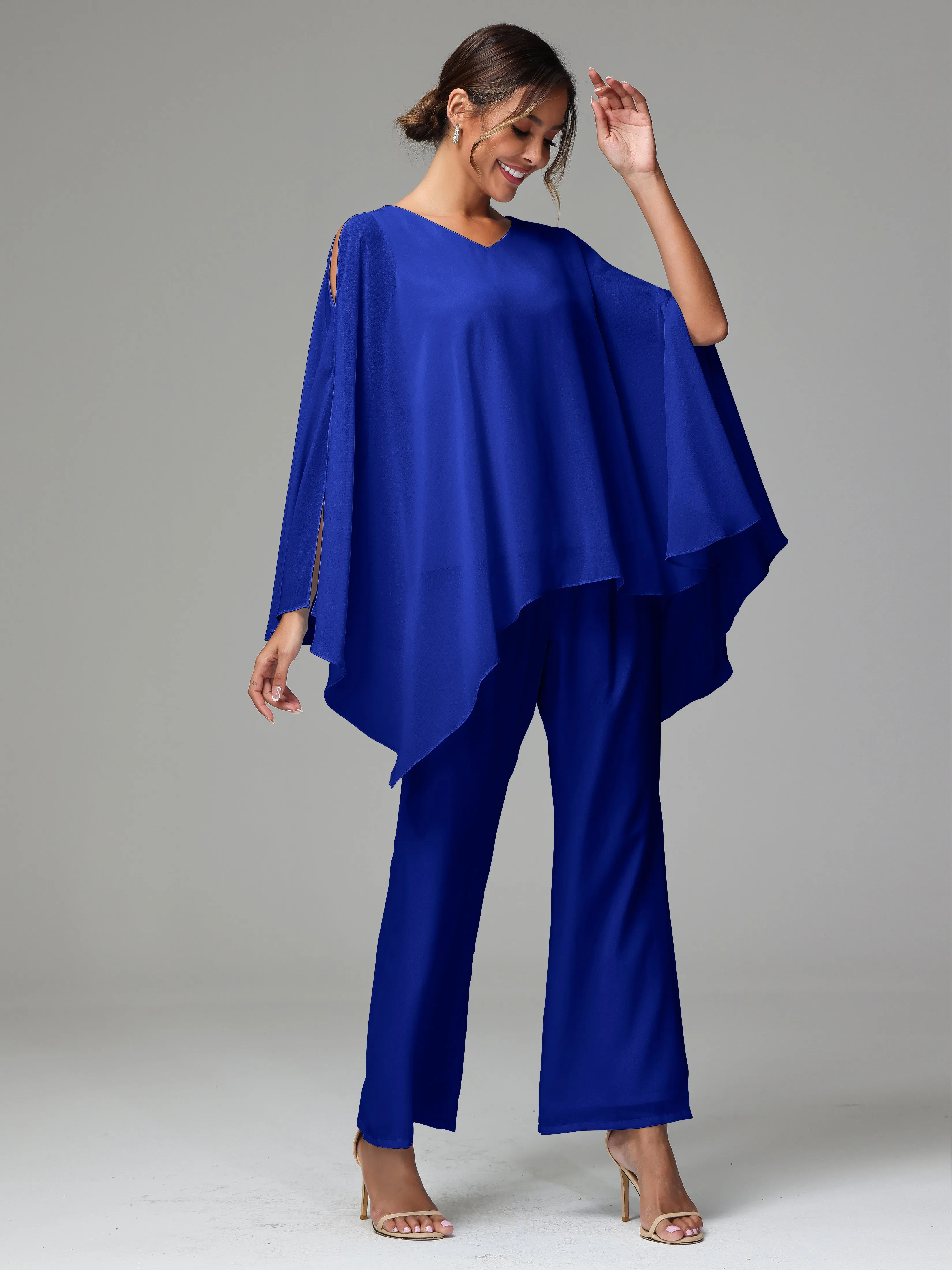 2 Pieces Flowy Split Sleeves Chiffon Mother Of The Bride Dress Pants Suits
