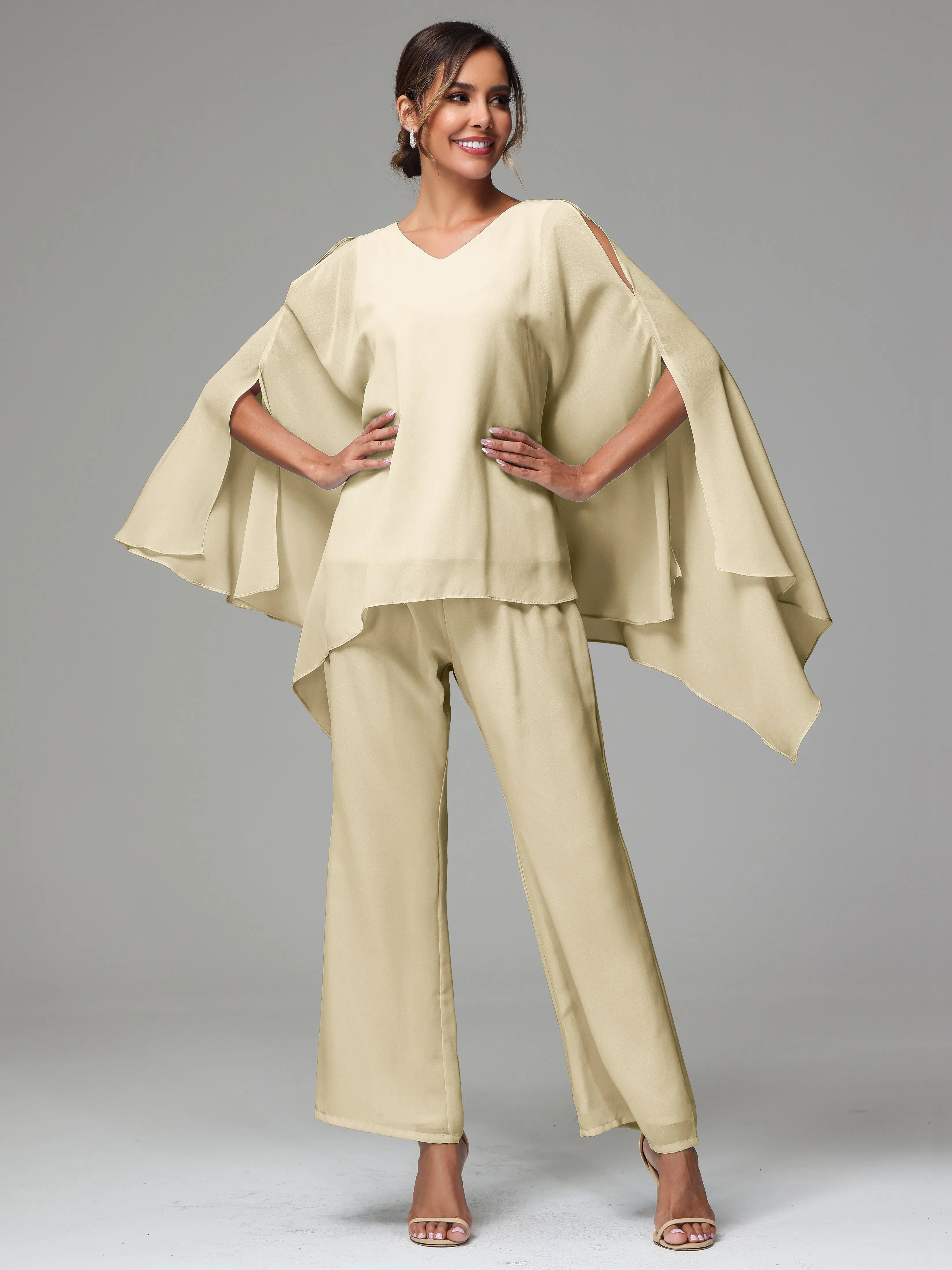 2 Pieces Flowy Split Sleeves Chiffon Mother Of The Bride Dress Pants Suits