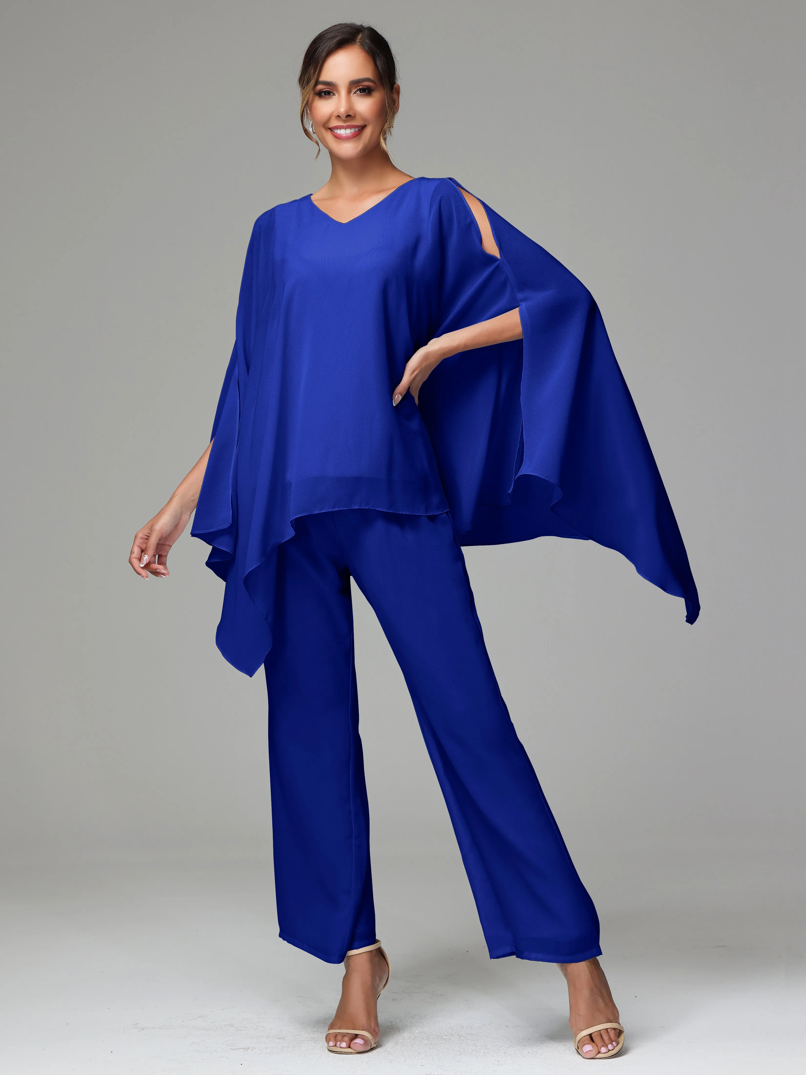2 Pieces Flowy Split Sleeves Chiffon Mother Of The Bride Dress Pants Suits