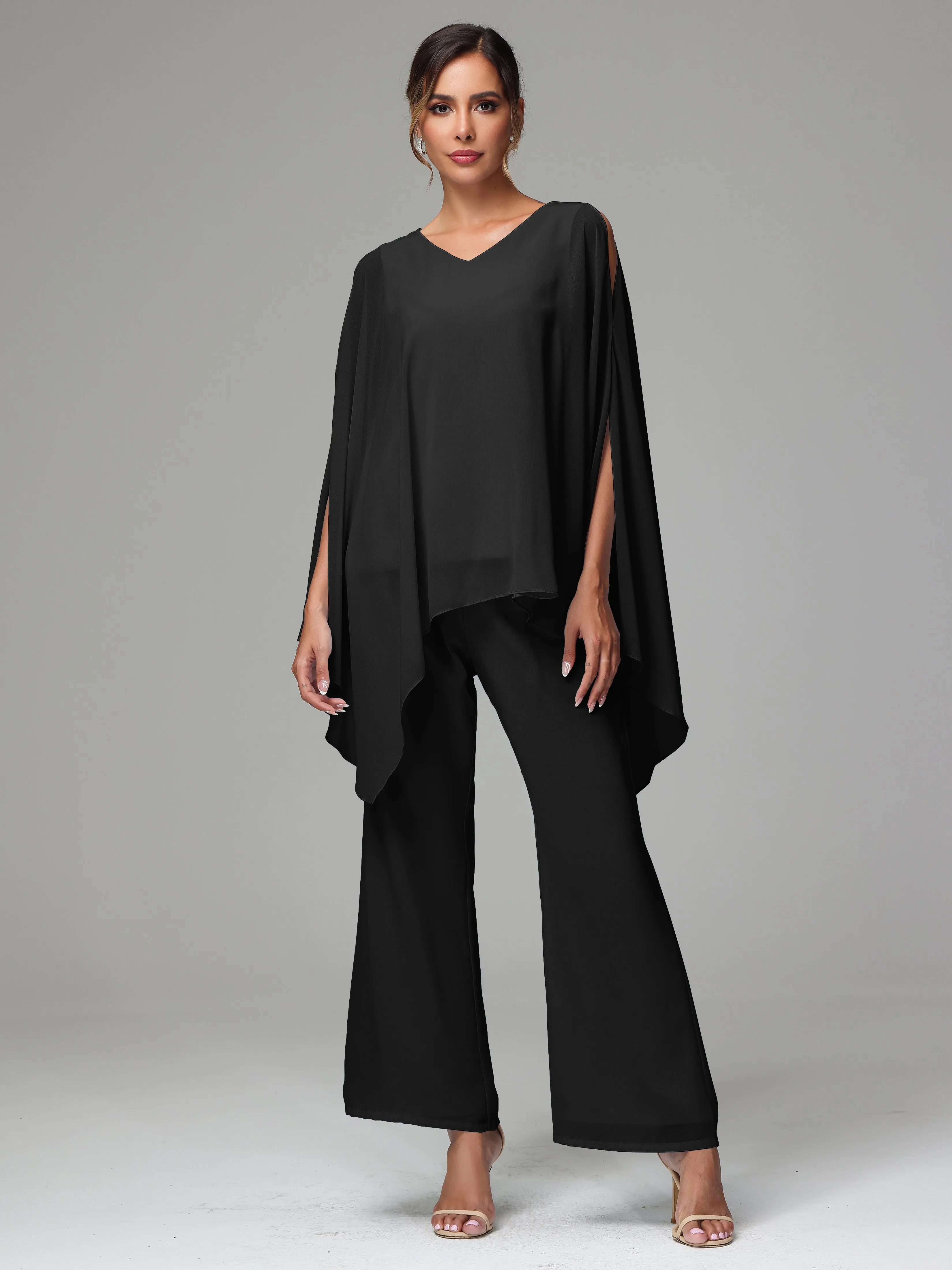 2 Pieces Flowy Split Sleeves Chiffon Mother Of The Bride Dress Pants Suits