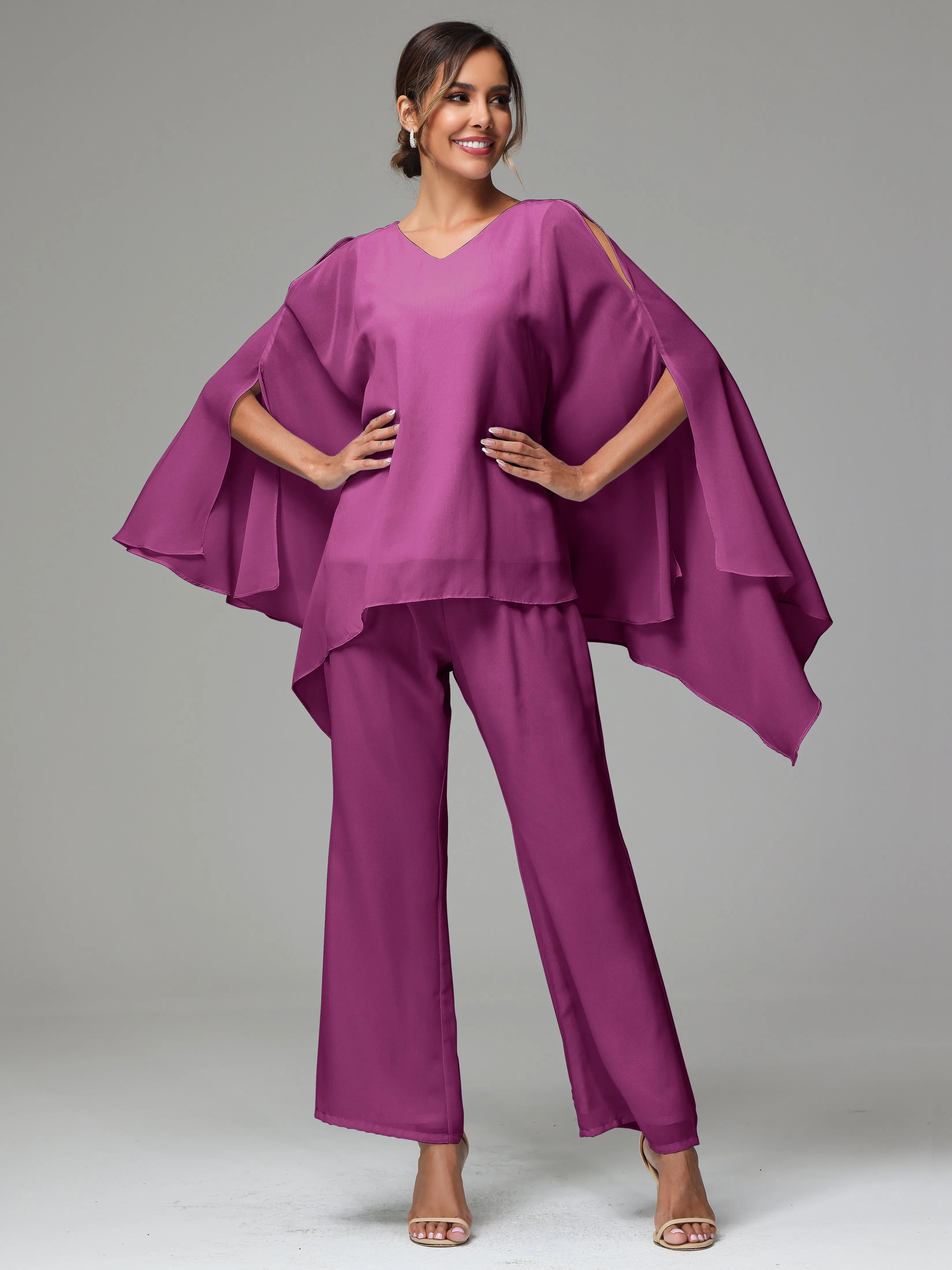 2 Pieces Flowy Split Sleeves Chiffon Mother Of The Bride Dress Pants Suits
