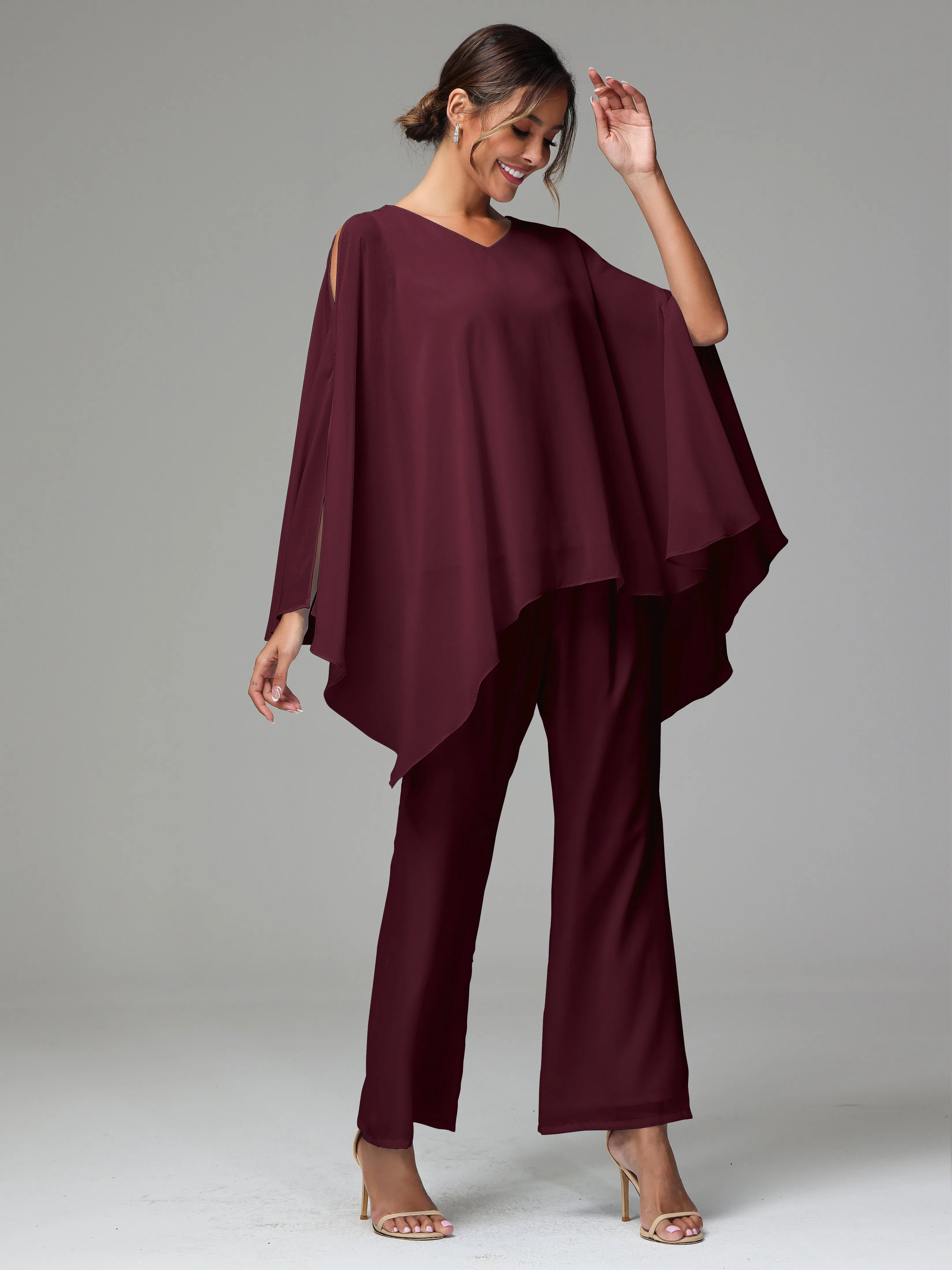 2 Pieces Flowy Split Sleeves Chiffon Mother Of The Bride Dress Pants Suits