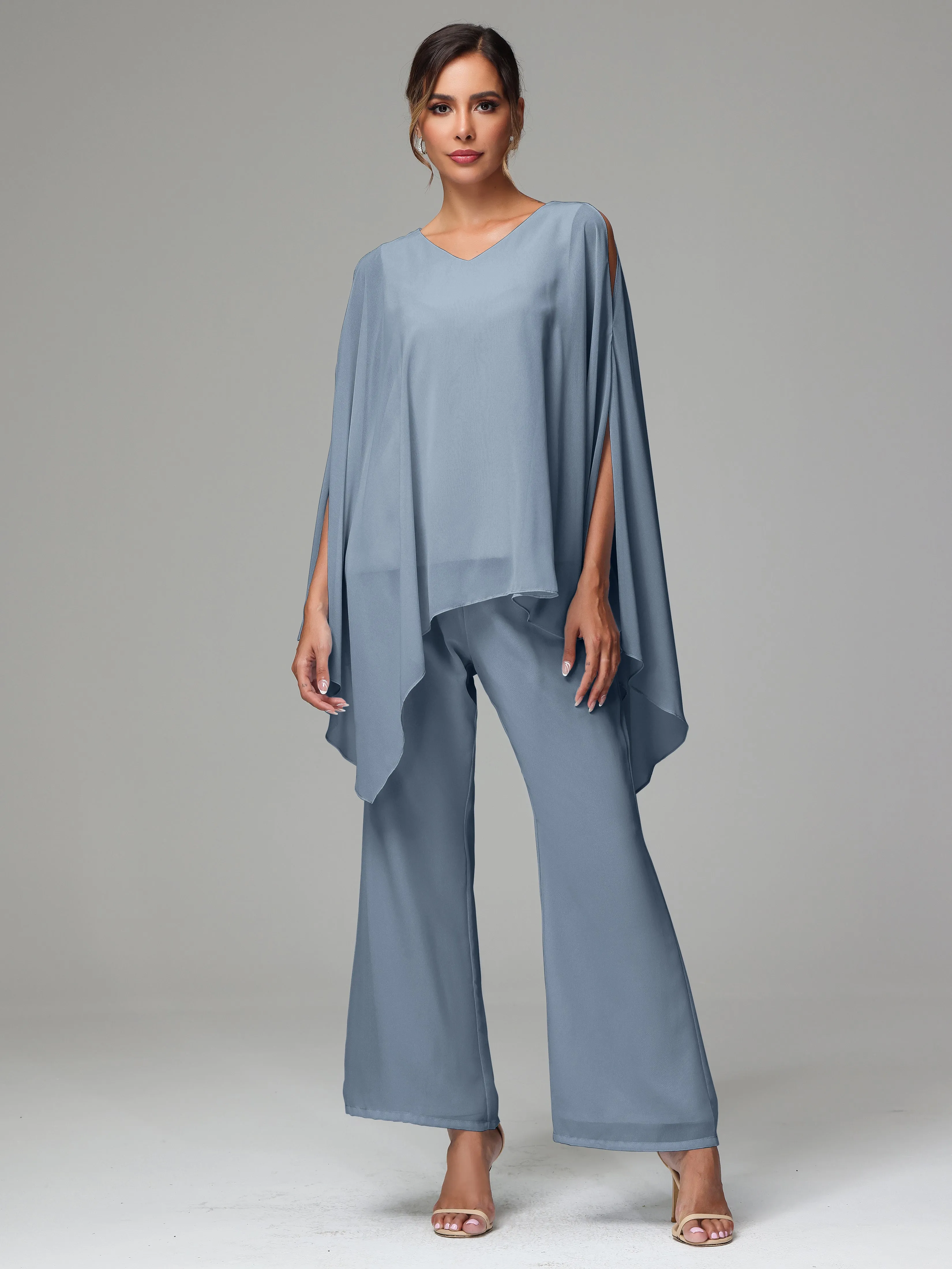 2 Pieces Flowy Split Sleeves Chiffon Mother Of The Bride Dress Pants Suits