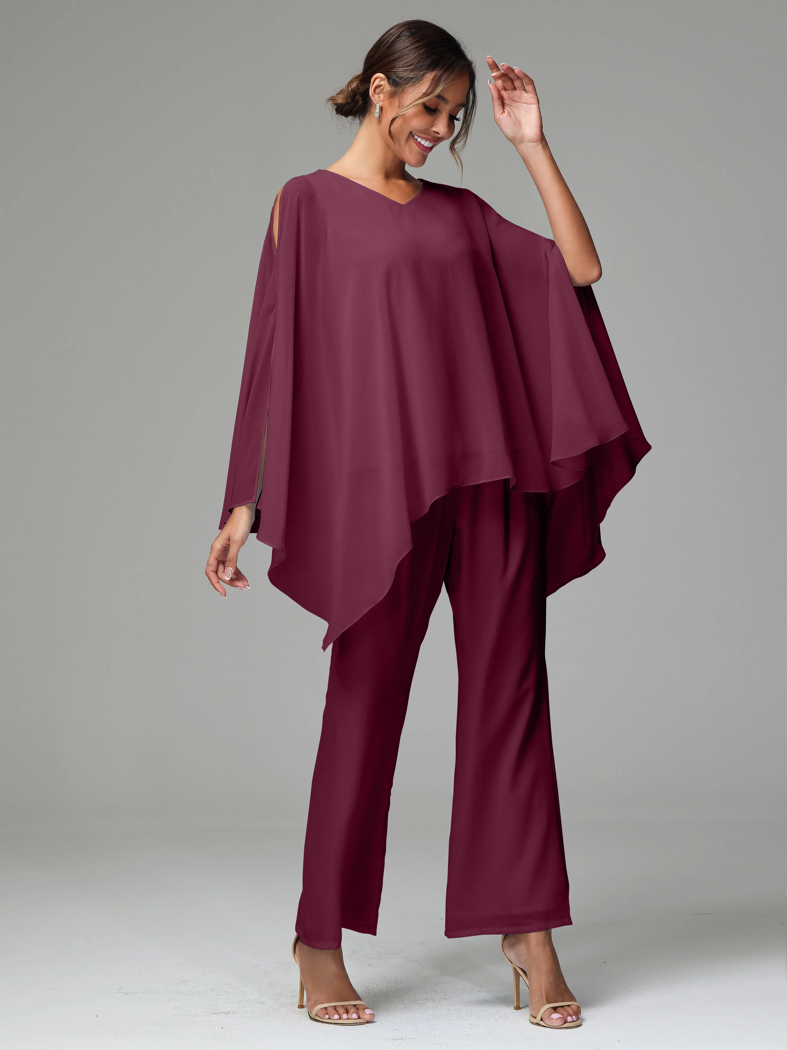 2 Pieces Flowy Split Sleeves Chiffon Mother Of The Bride Dress Pants Suits