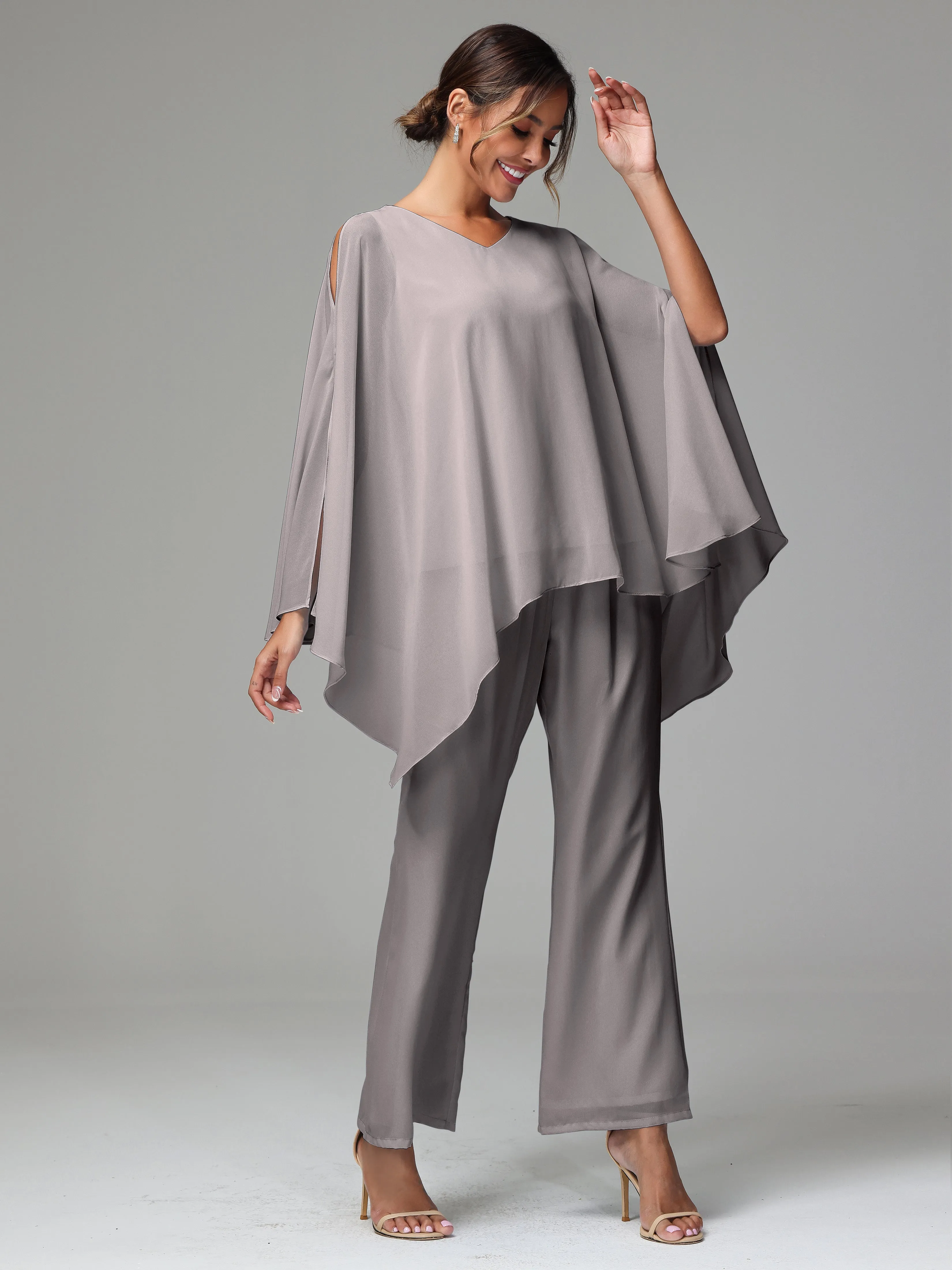 2 Pieces Flowy Split Sleeves Chiffon Mother Of The Bride Dress Pants Suits