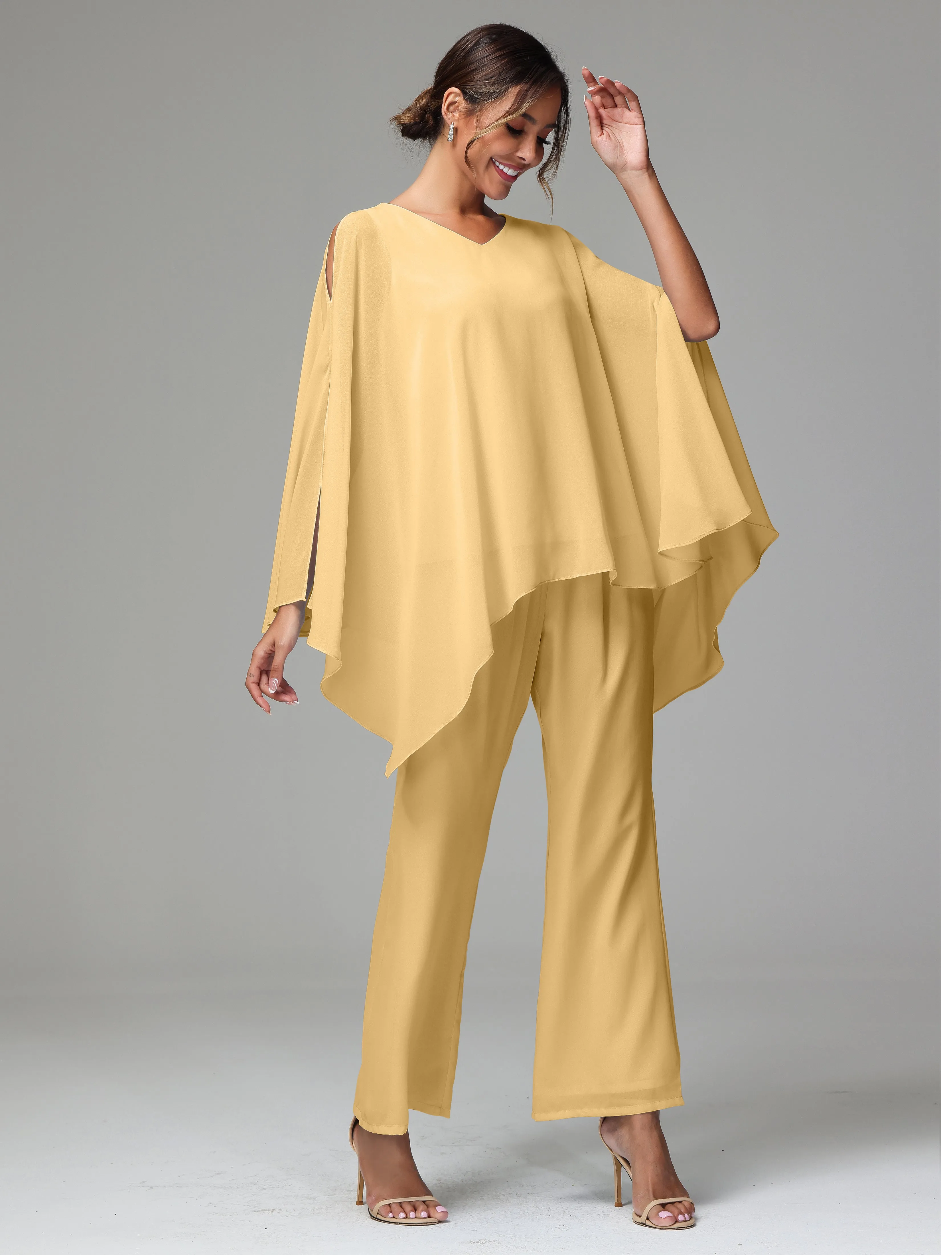 2 Pieces Flowy Split Sleeves Chiffon Mother Of The Bride Dress Pants Suits