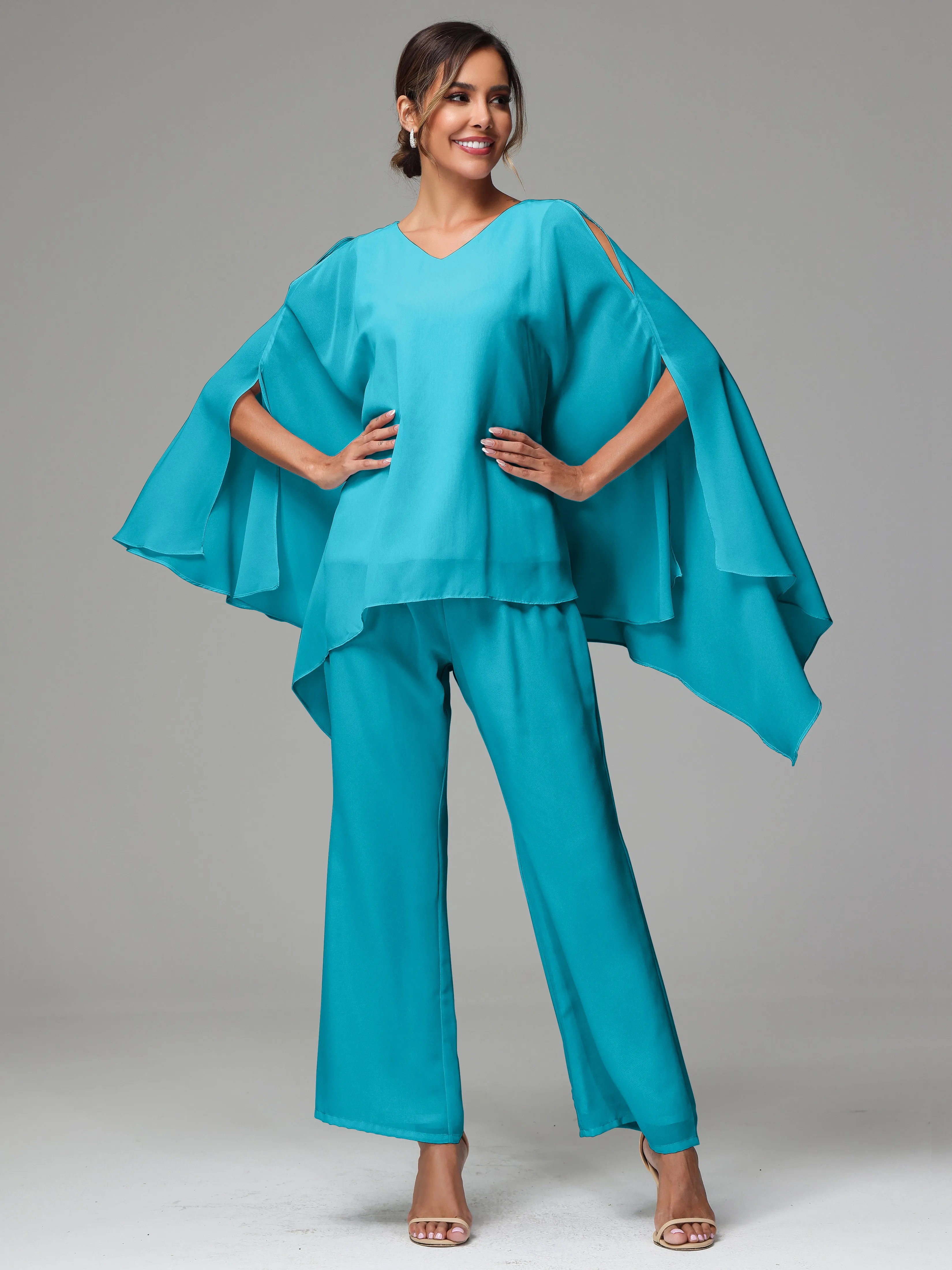 2 Pieces Flowy Split Sleeves Chiffon Mother Of The Bride Dress Pants Suits