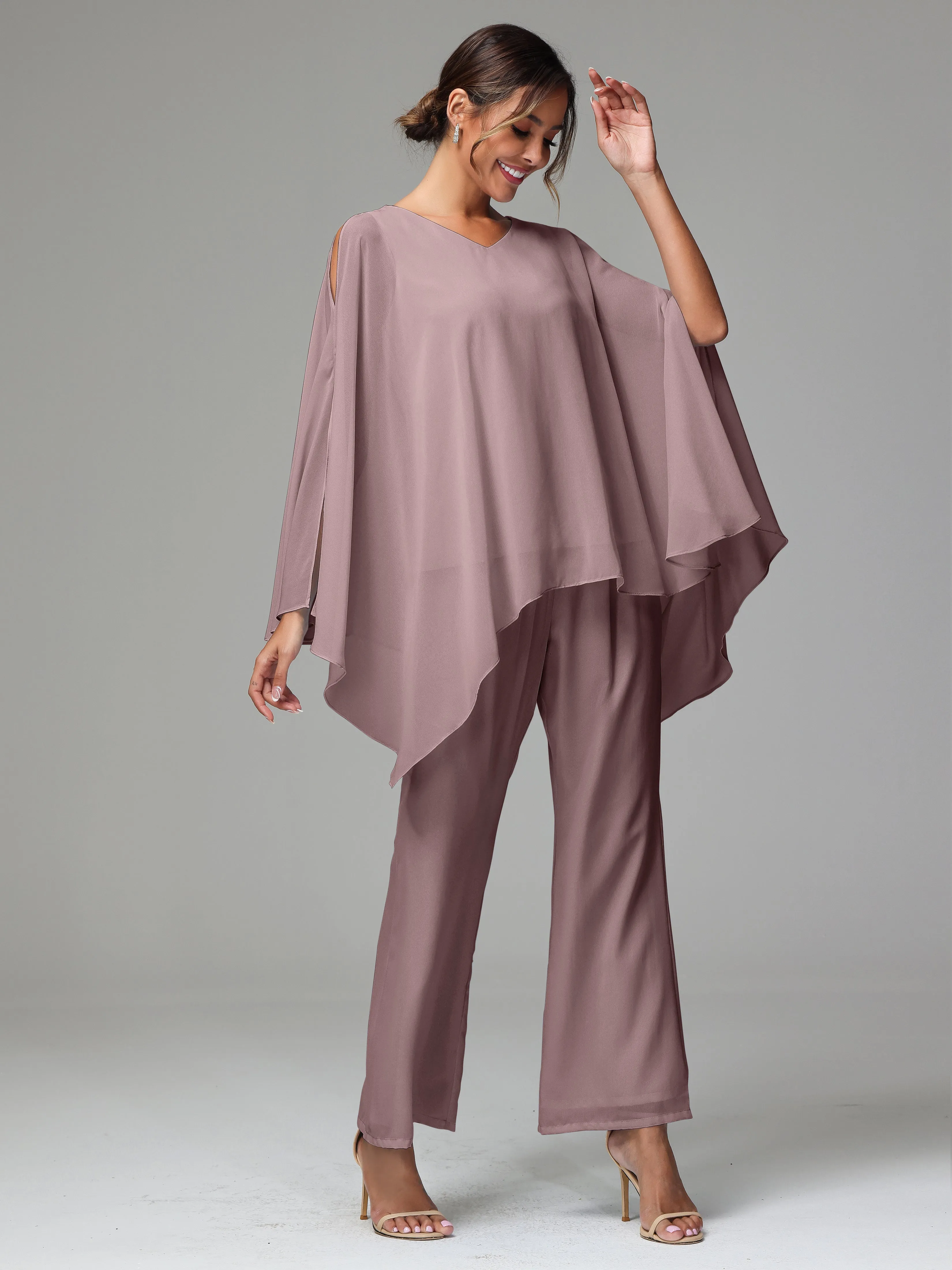 2 Pieces Flowy Split Sleeves Chiffon Mother Of The Bride Dress Pants Suits