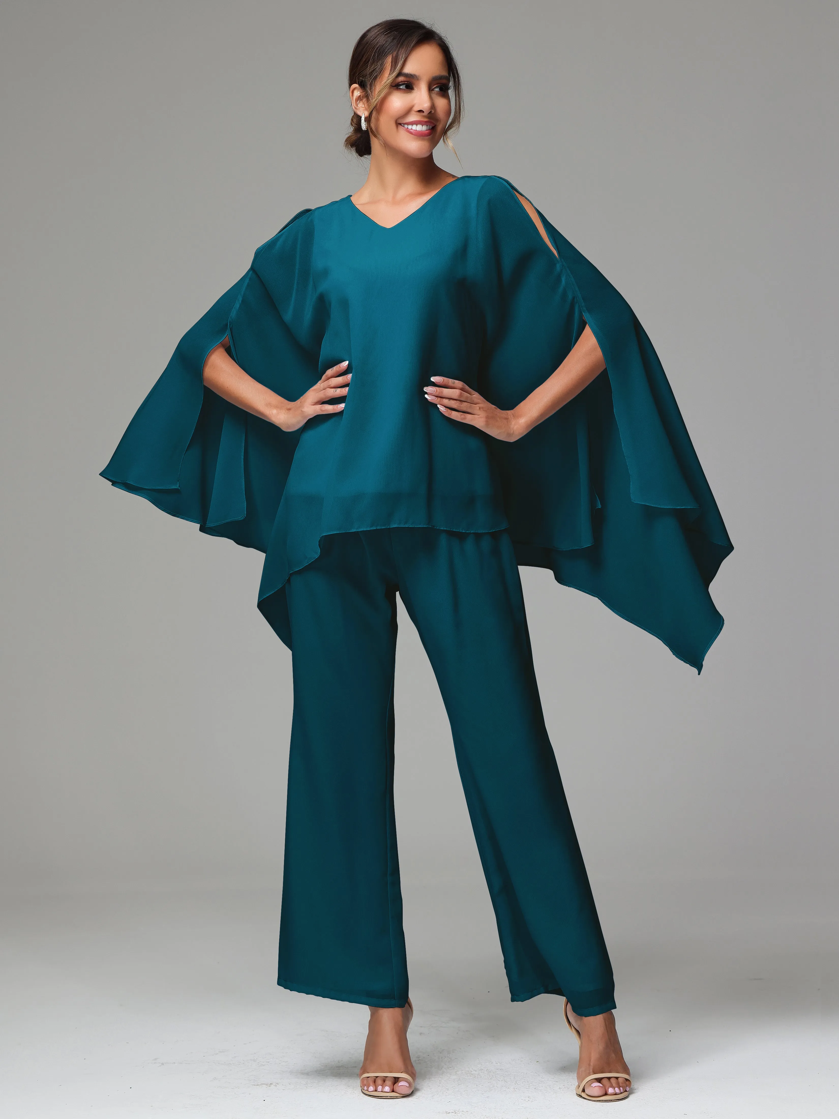2 Pieces Flowy Split Sleeves Chiffon Mother Of The Bride Dress Pants Suits