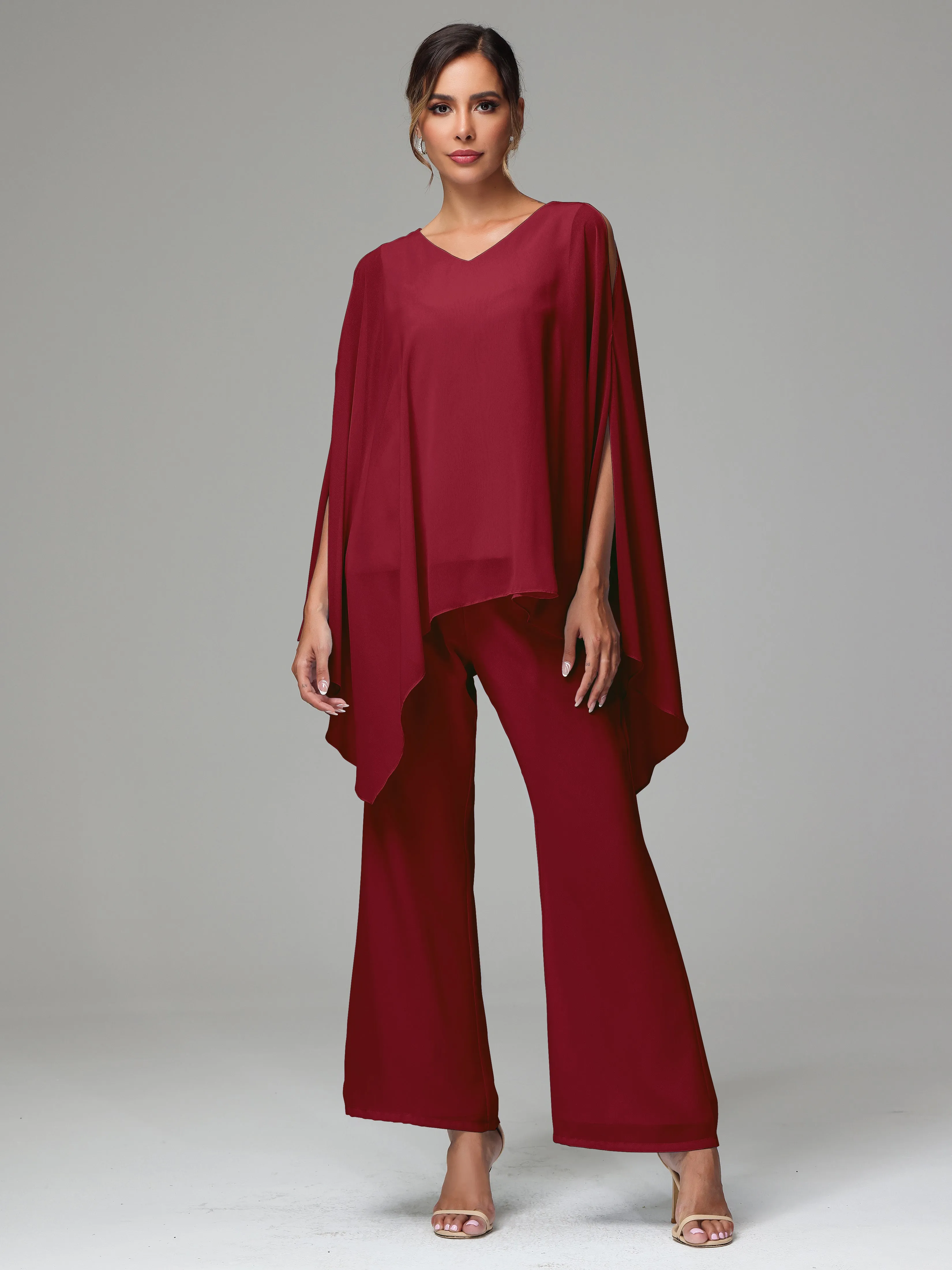 2 Pieces Flowy Split Sleeves Chiffon Mother Of The Bride Dress Pants Suits