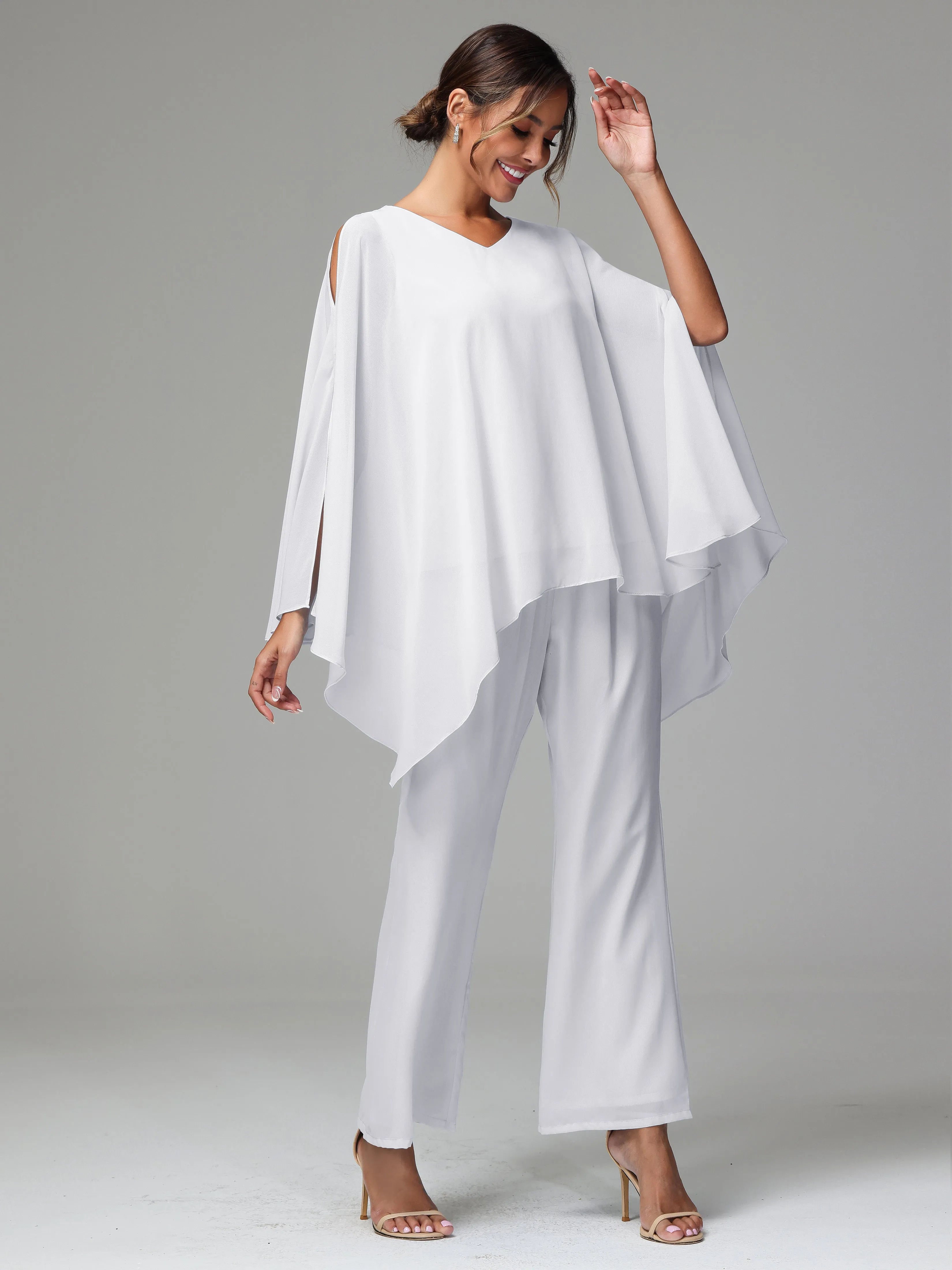 2 Pieces Flowy Split Sleeves Chiffon Mother Of The Bride Dress Pants Suits