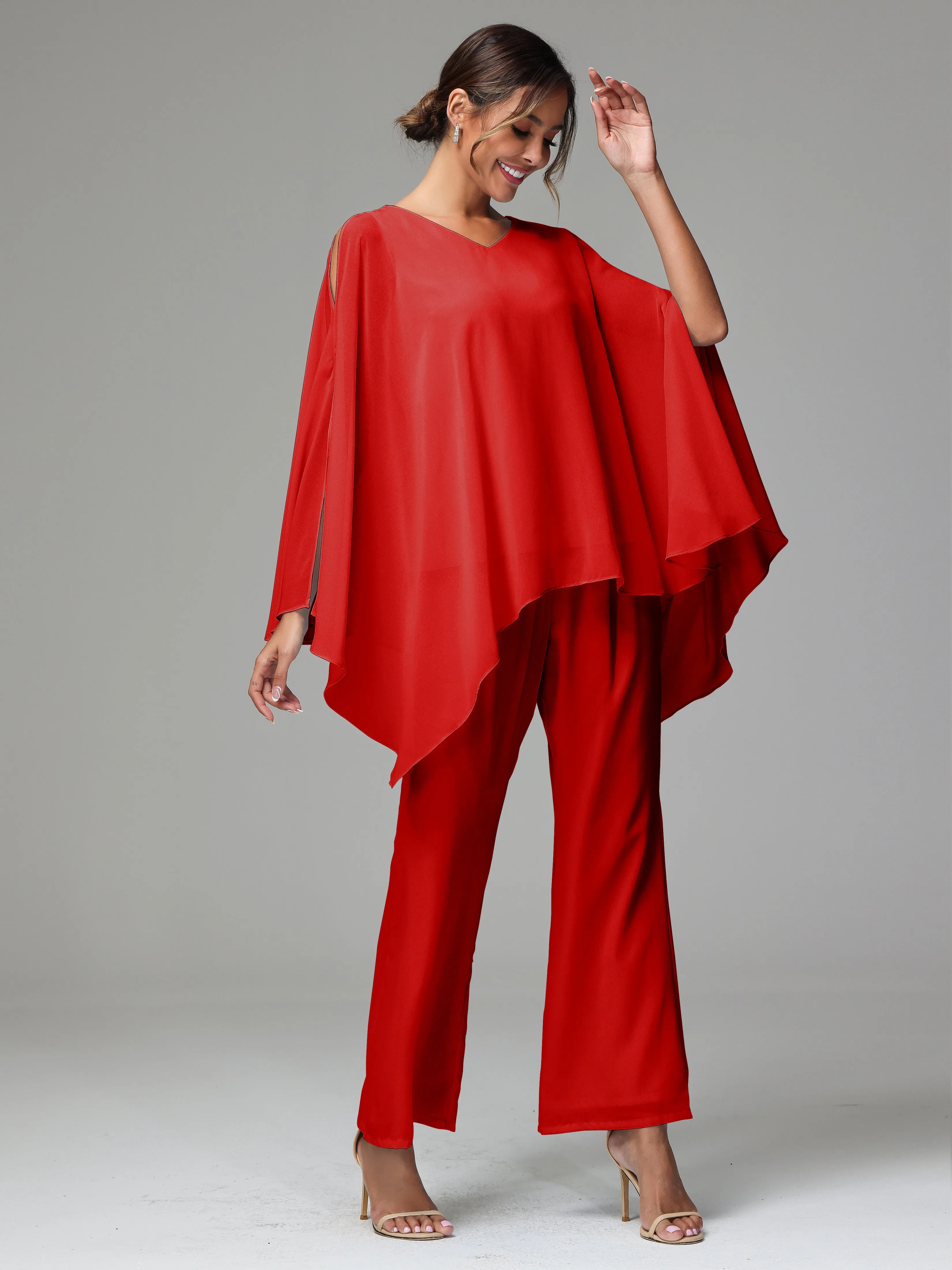 2 Pieces Flowy Split Sleeves Chiffon Mother Of The Bride Dress Pants Suits