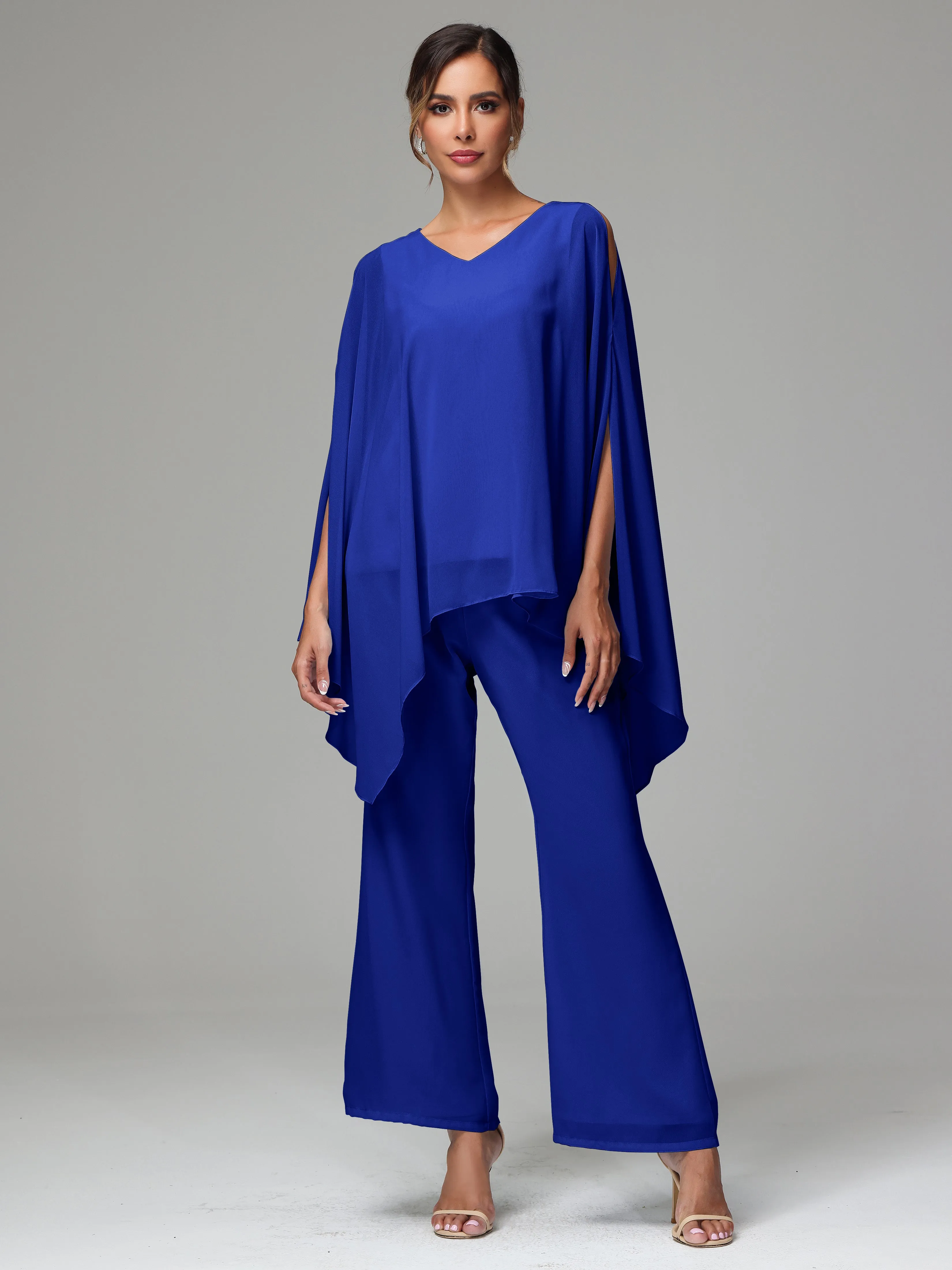 2 Pieces Flowy Split Sleeves Chiffon Mother Of The Bride Dress Pants Suits