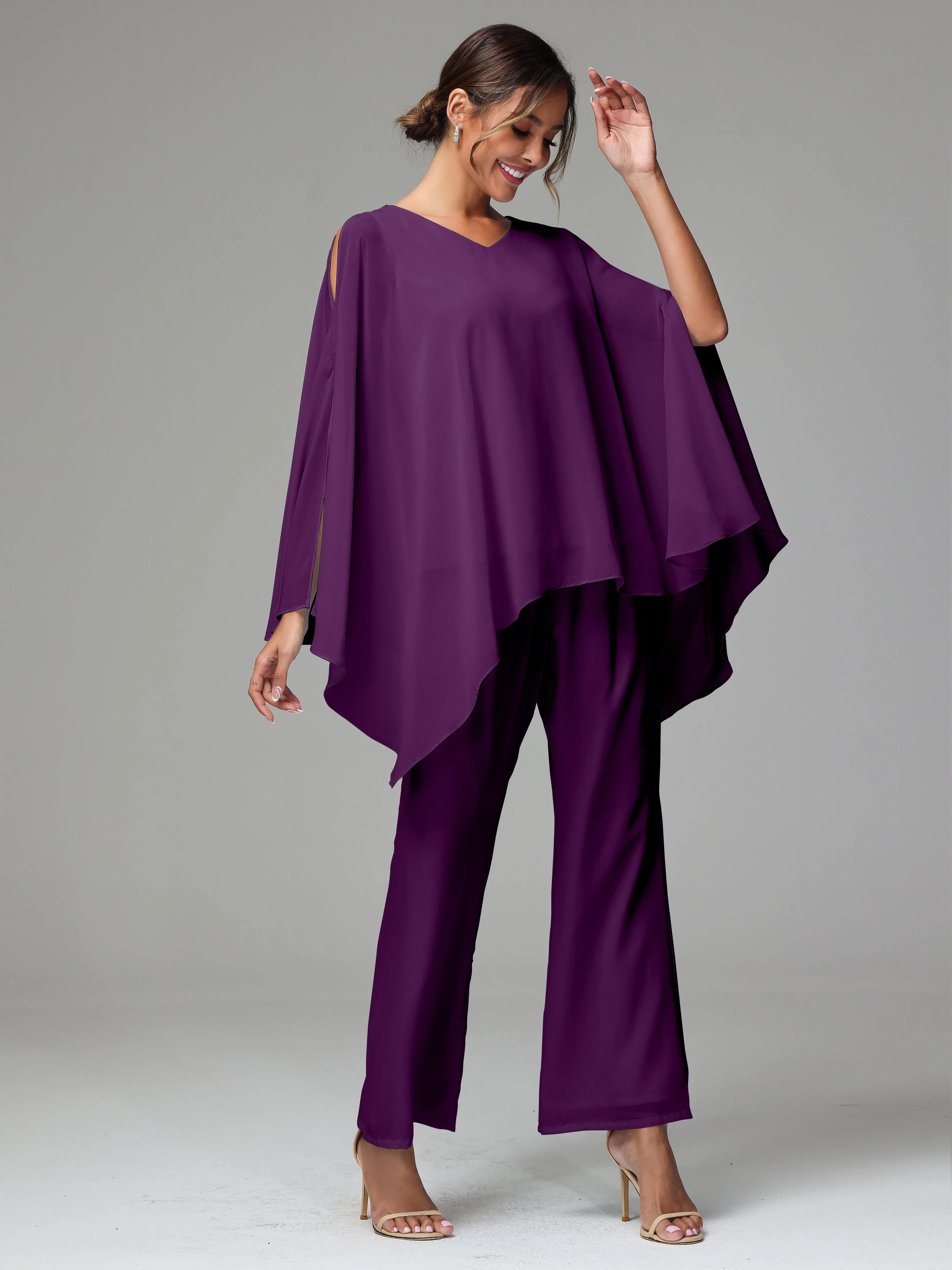 2 Pieces Flowy Split Sleeves Chiffon Mother Of The Bride Dress Pants Suits