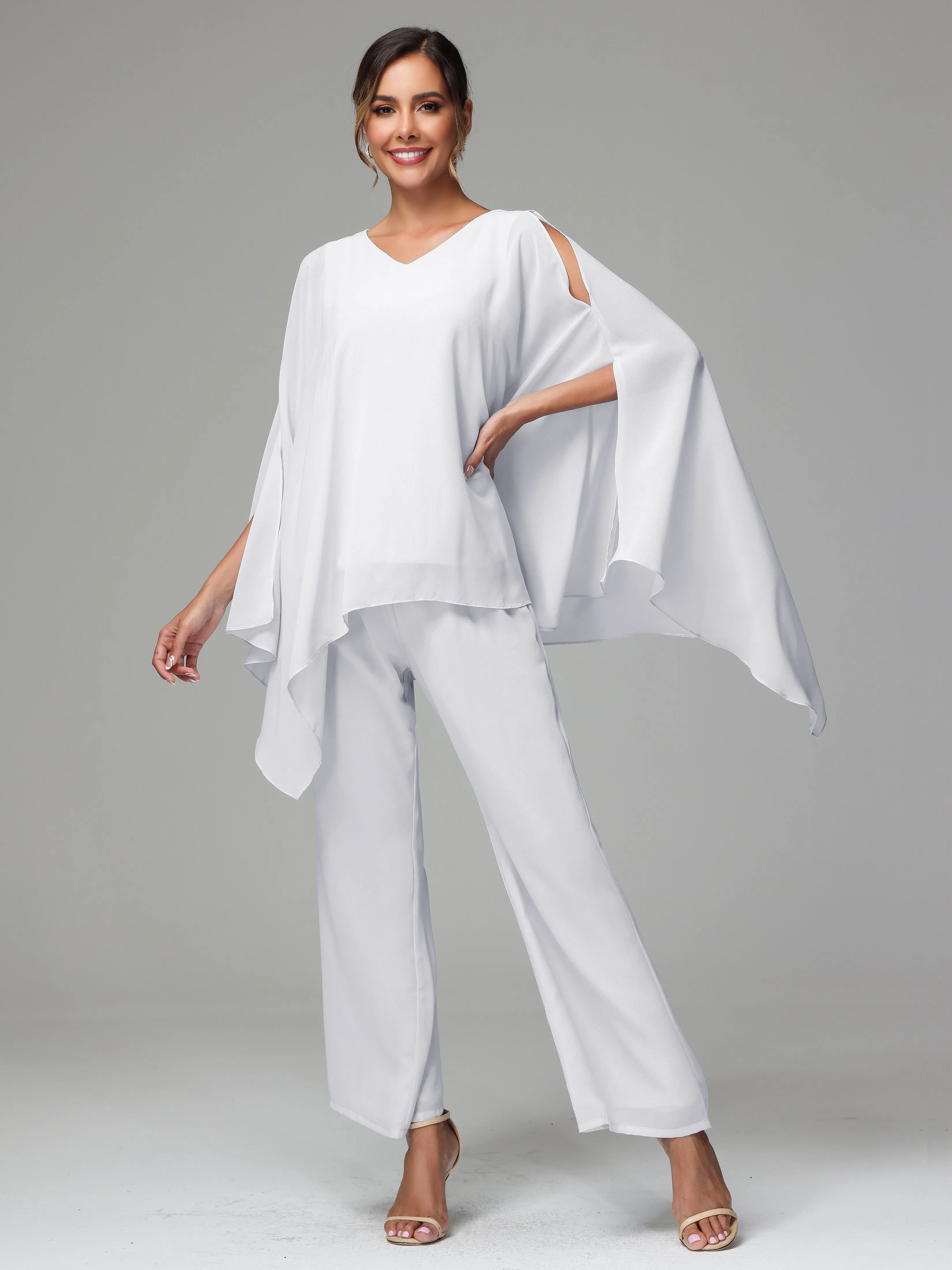 2 Pieces Flowy Split Sleeves Chiffon Mother Of The Bride Dress Pants Suits