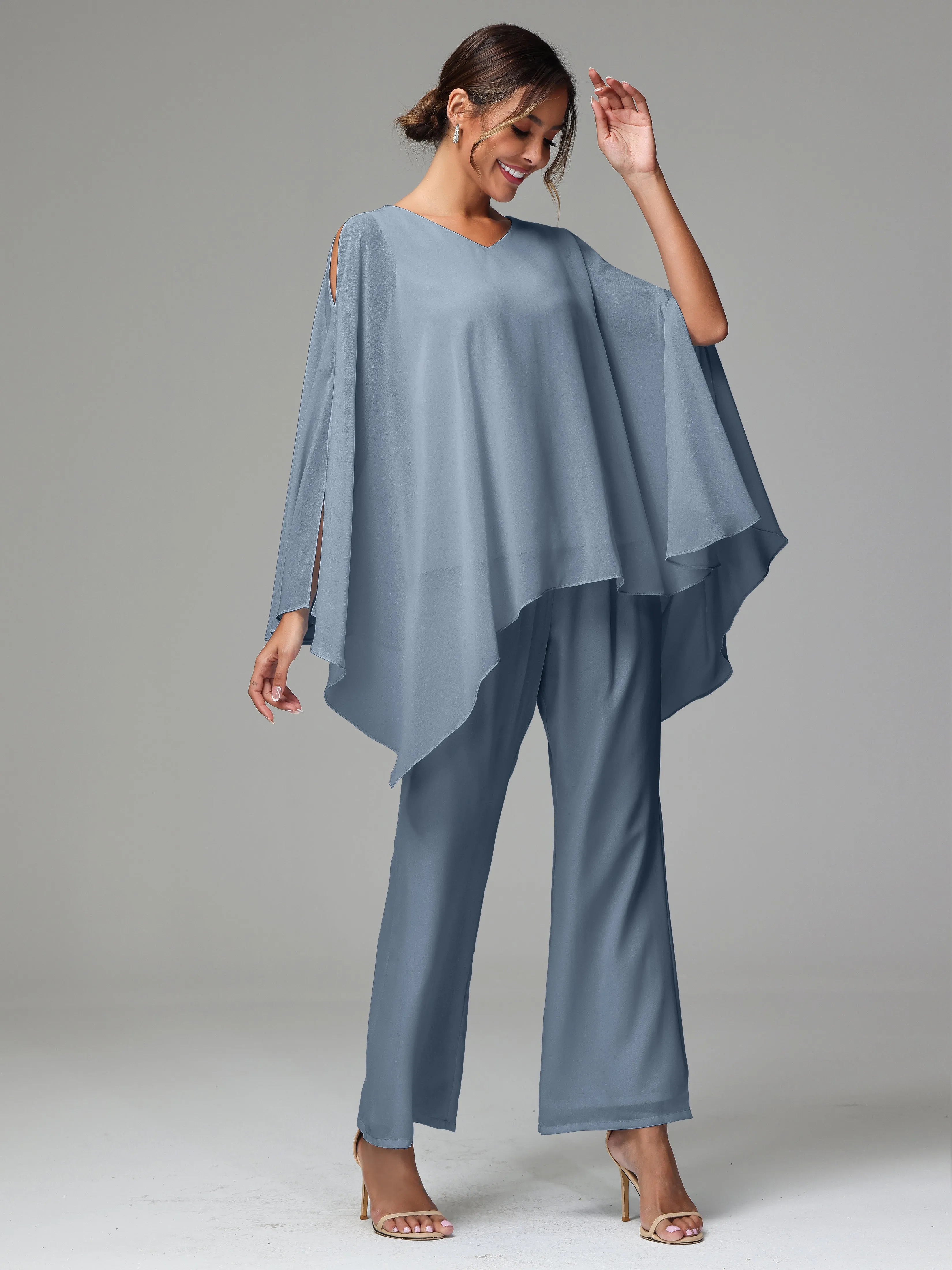 2 Pieces Flowy Split Sleeves Chiffon Mother Of The Bride Dress Pants Suits