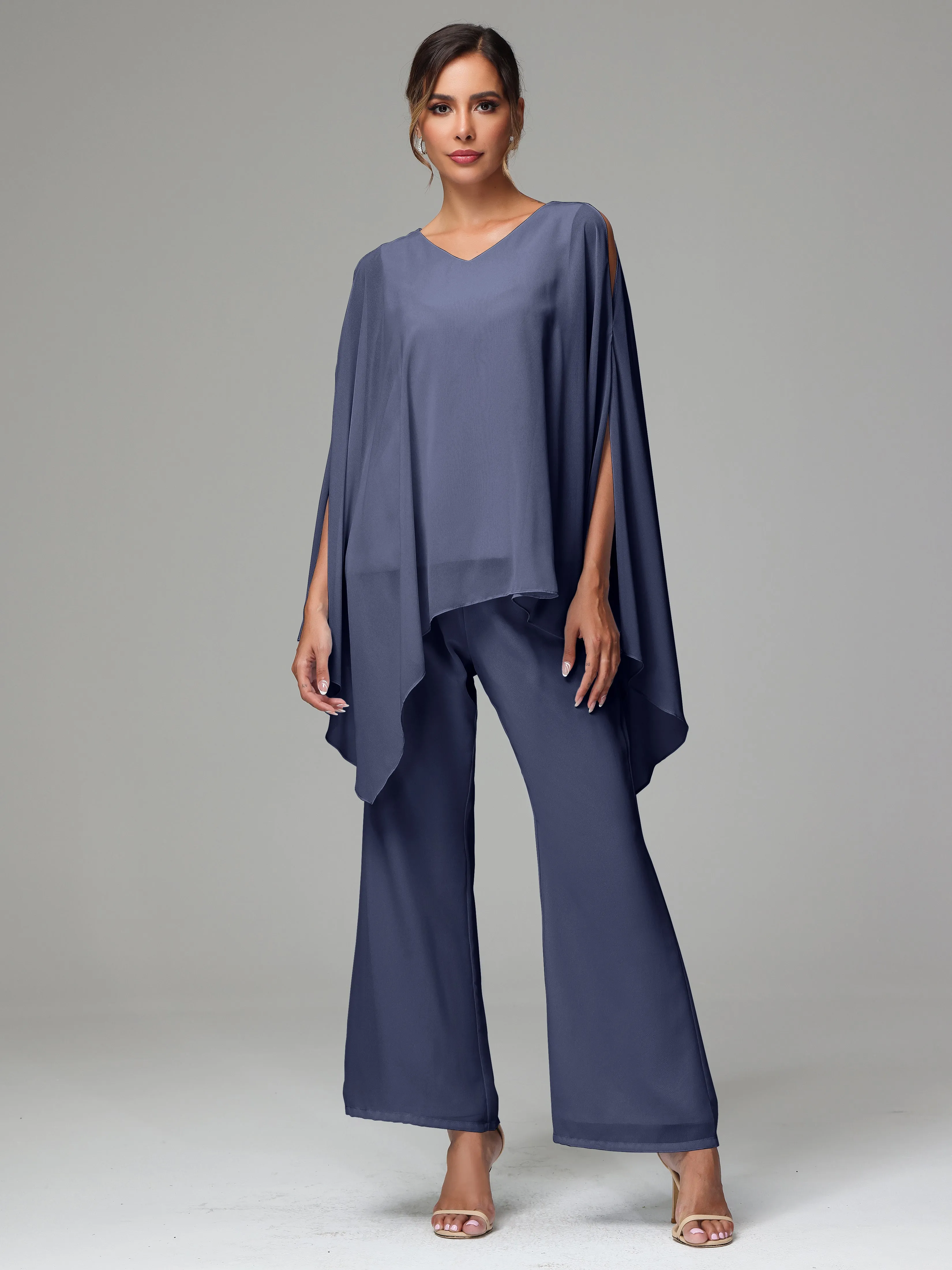 2 Pieces Flowy Split Sleeves Chiffon Mother Of The Bride Dress Pants Suits