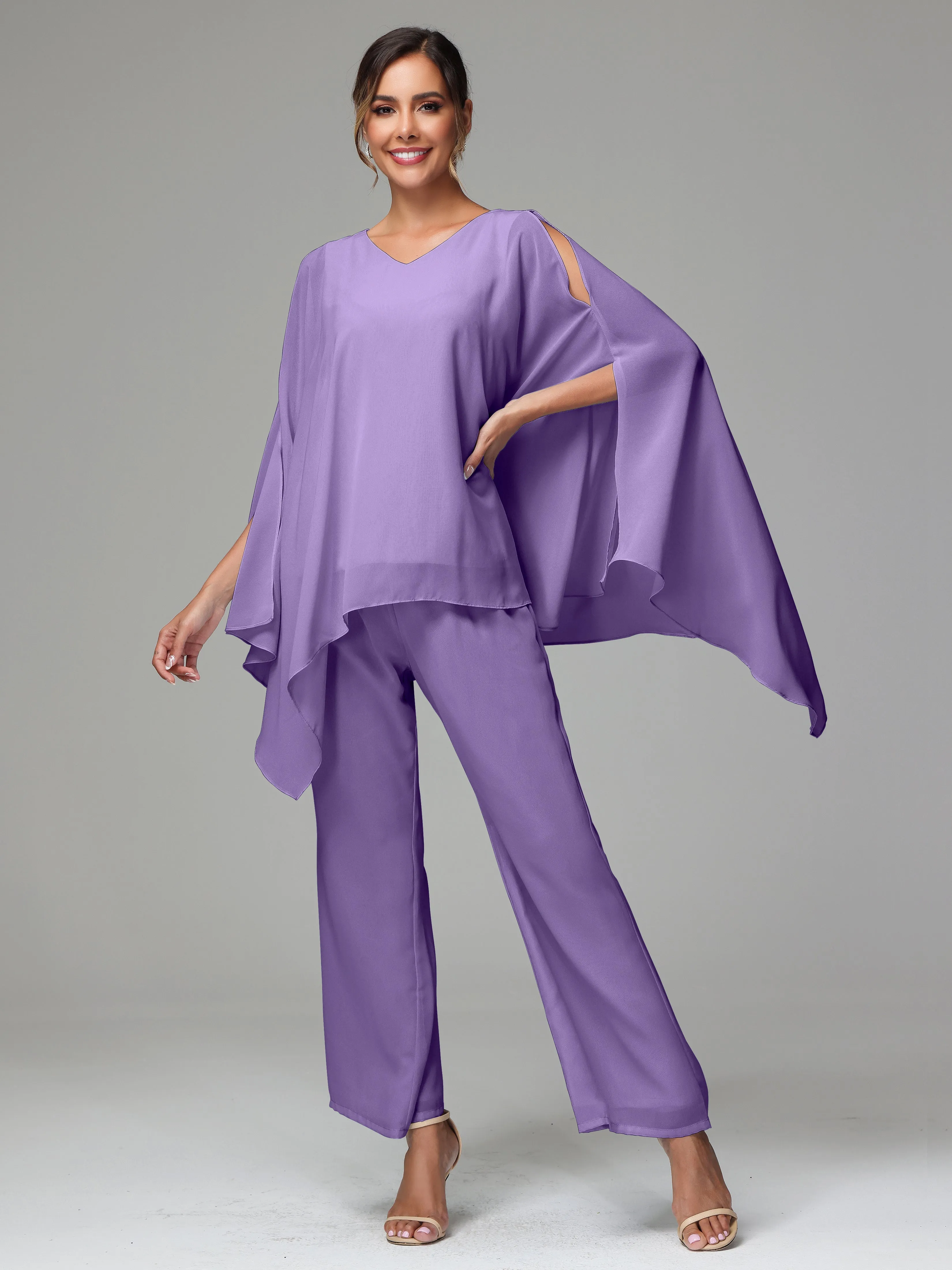 2 Pieces Flowy Split Sleeves Chiffon Mother Of The Bride Dress Pants Suits