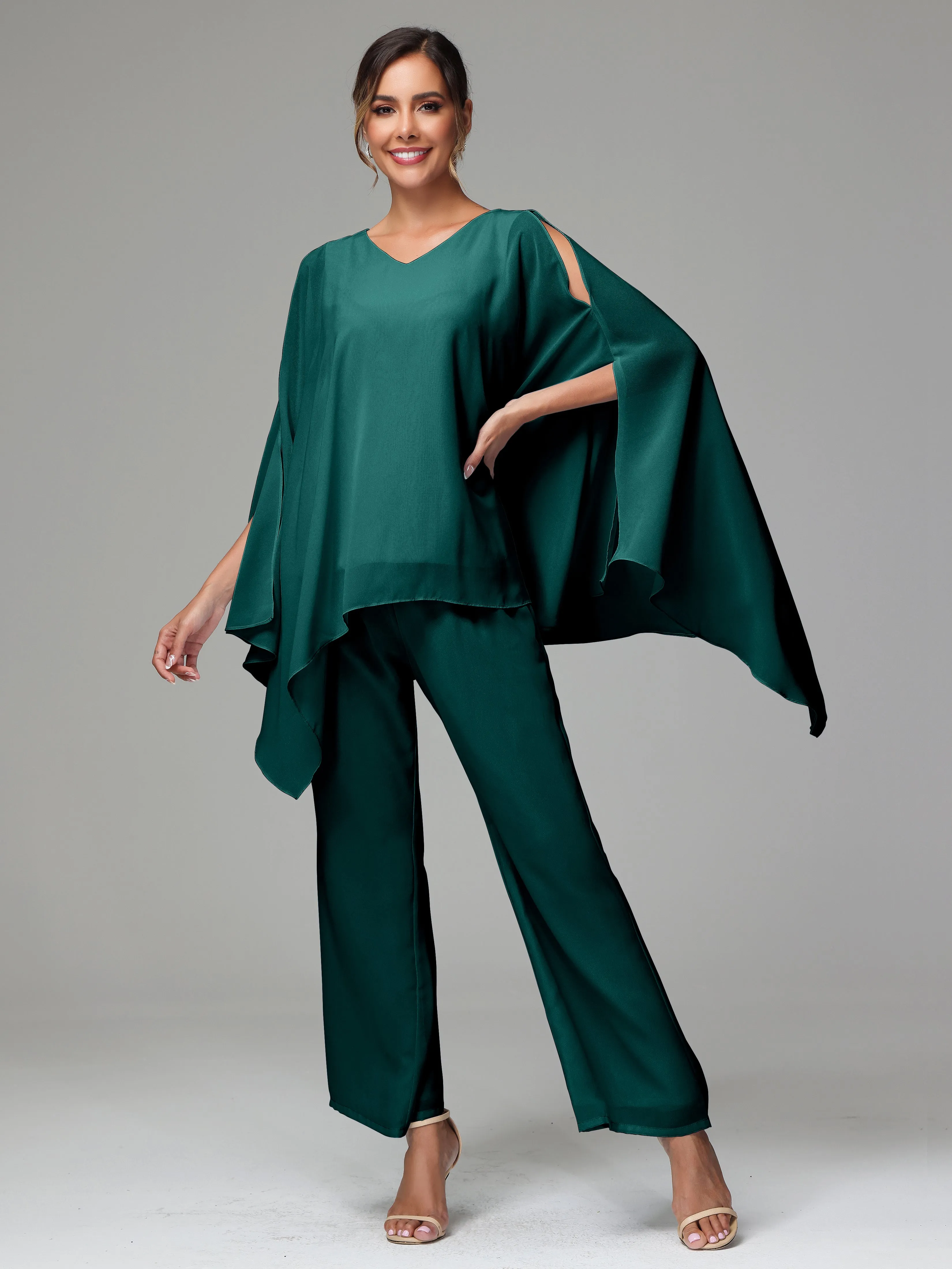 2 Pieces Flowy Split Sleeves Chiffon Mother Of The Bride Dress Pants Suits