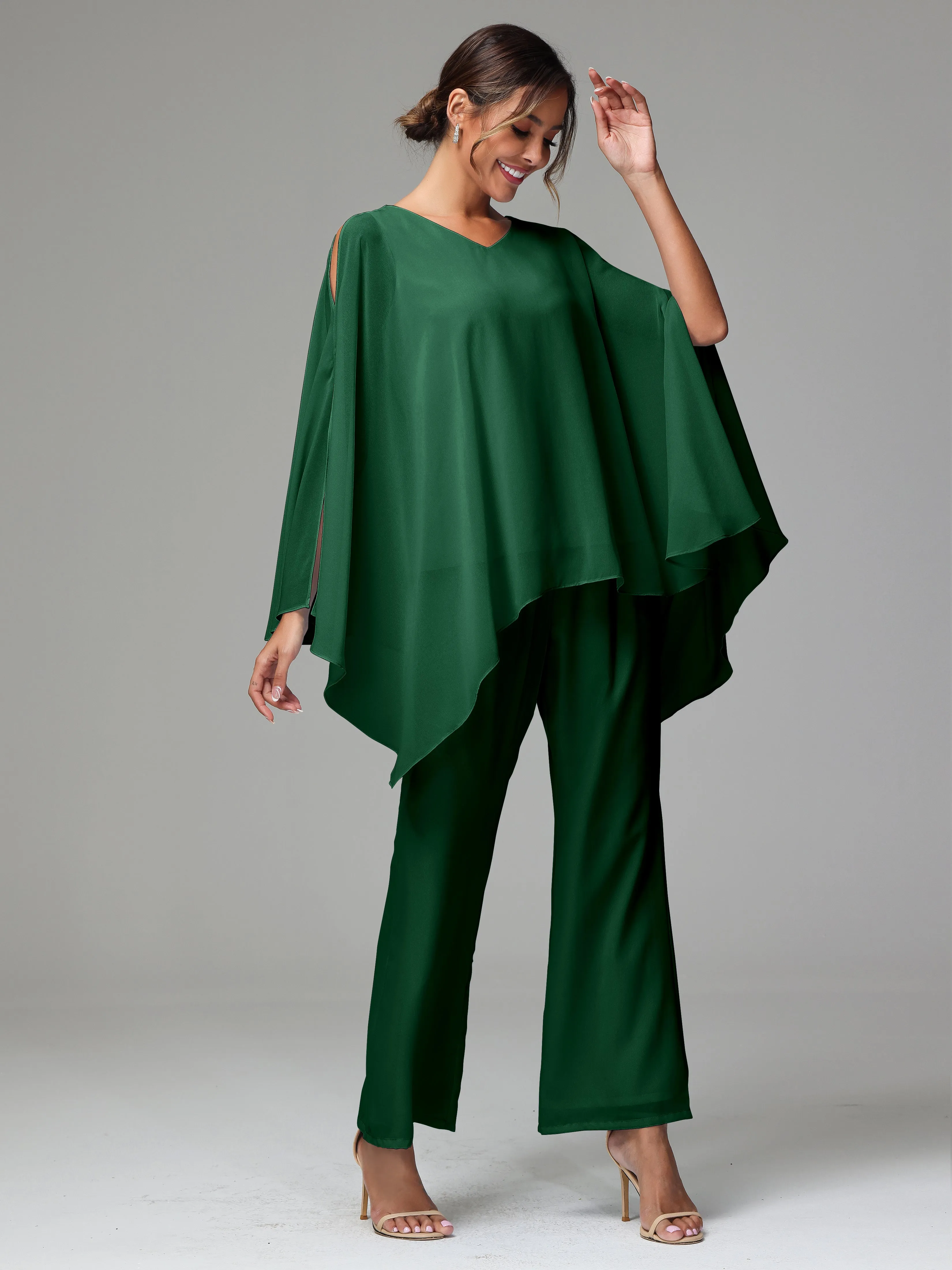 2 Pieces Flowy Split Sleeves Chiffon Mother Of The Bride Dress Pants Suits
