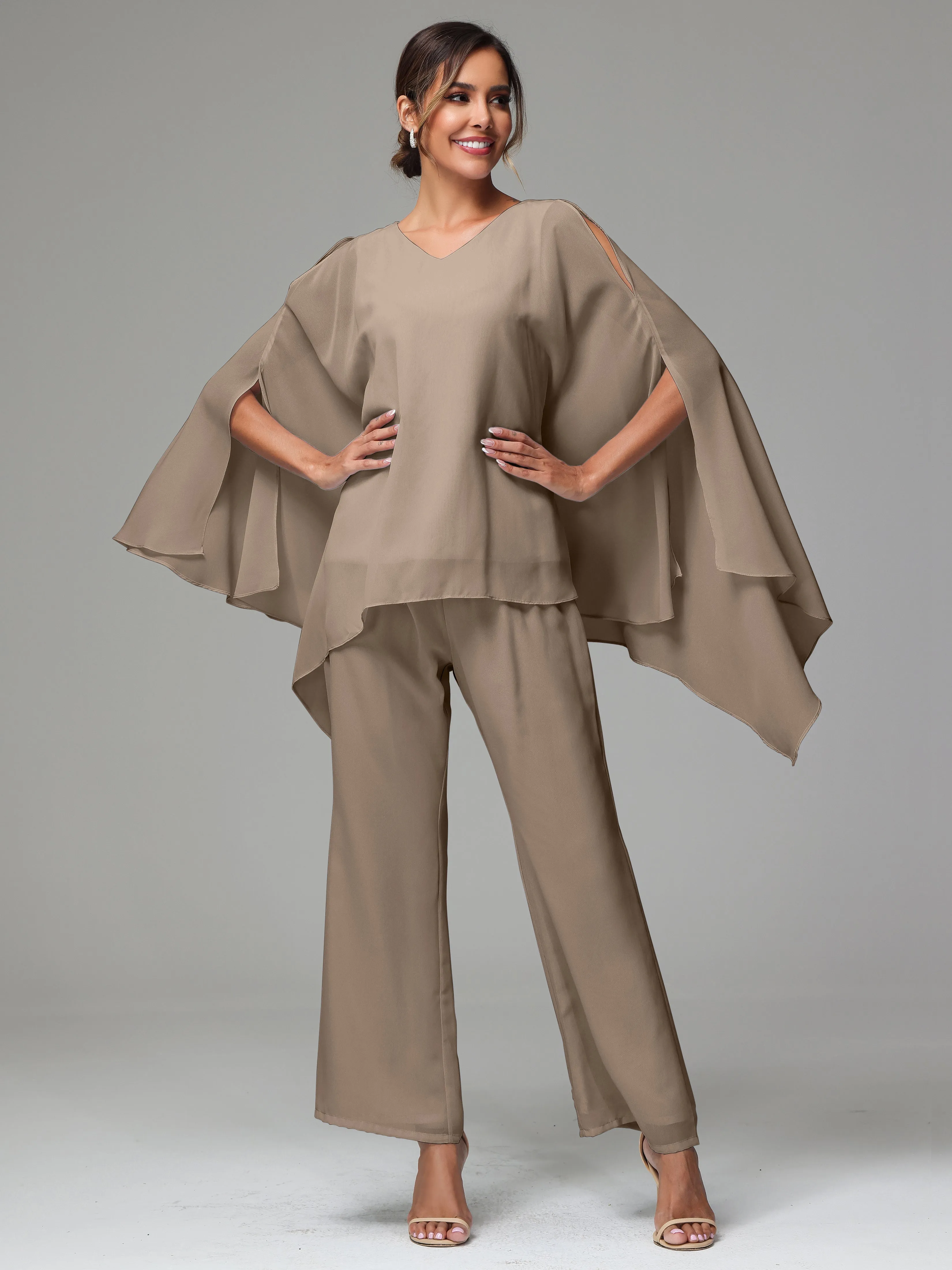 2 Pieces Flowy Split Sleeves Chiffon Mother Of The Bride Dress Pants Suits