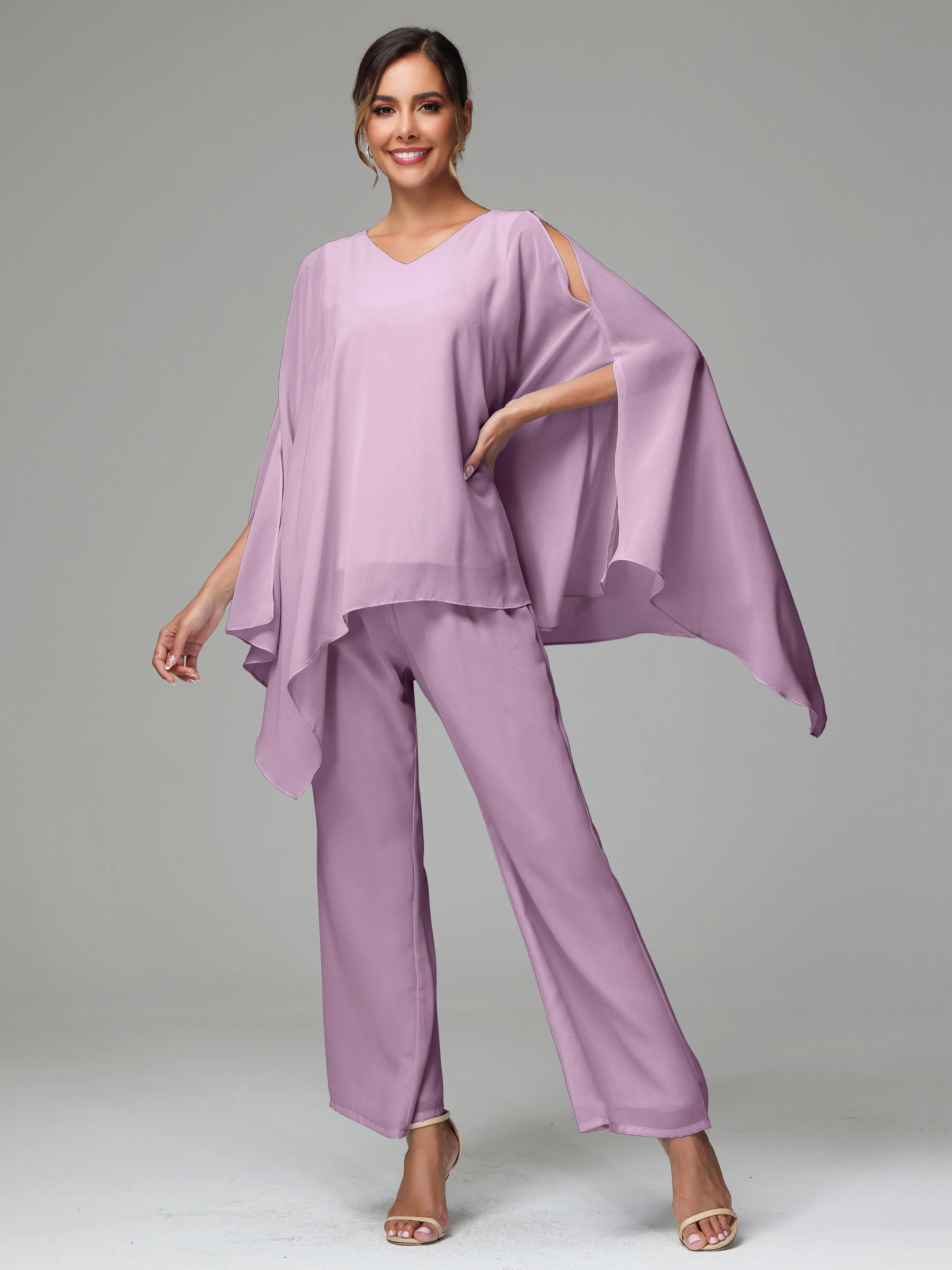 2 Pieces Flowy Split Sleeves Chiffon Mother Of The Bride Dress Pants Suits