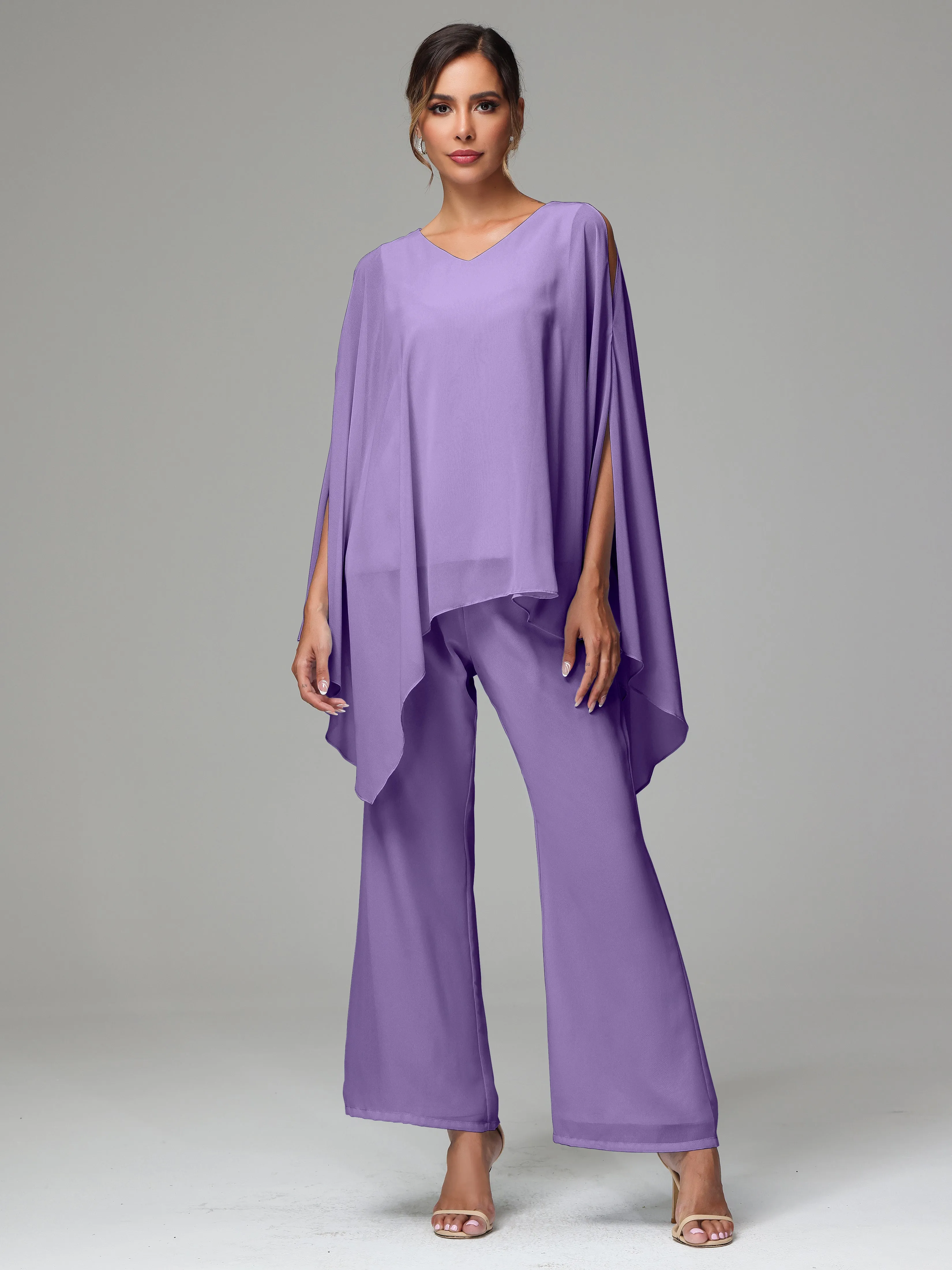 2 Pieces Flowy Split Sleeves Chiffon Mother Of The Bride Dress Pants Suits